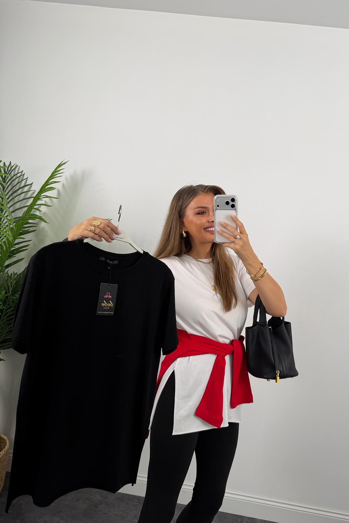 %100 Modal Kumaş Lüx Kalite Yırtmaçlı Salaş Basic Tshirt Siyah