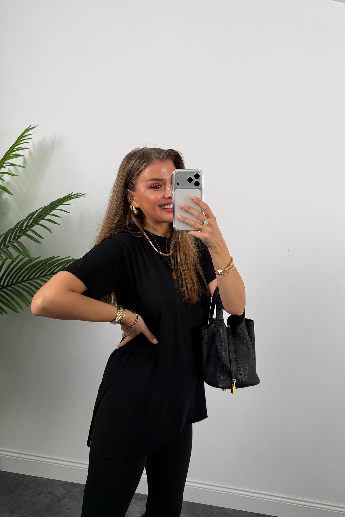 %100 Modal Kumaş Lüx Kalite Yırtmaçlı Salaş Basic Tshirt Siyah