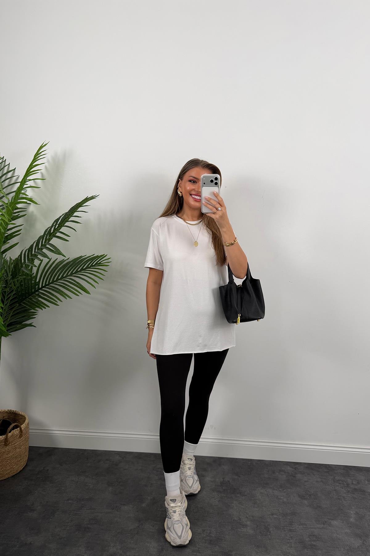 %100 Modal Kumaş Lüx Kalite Yırtmaçlı Salaş Basic Tshirt Beyaz