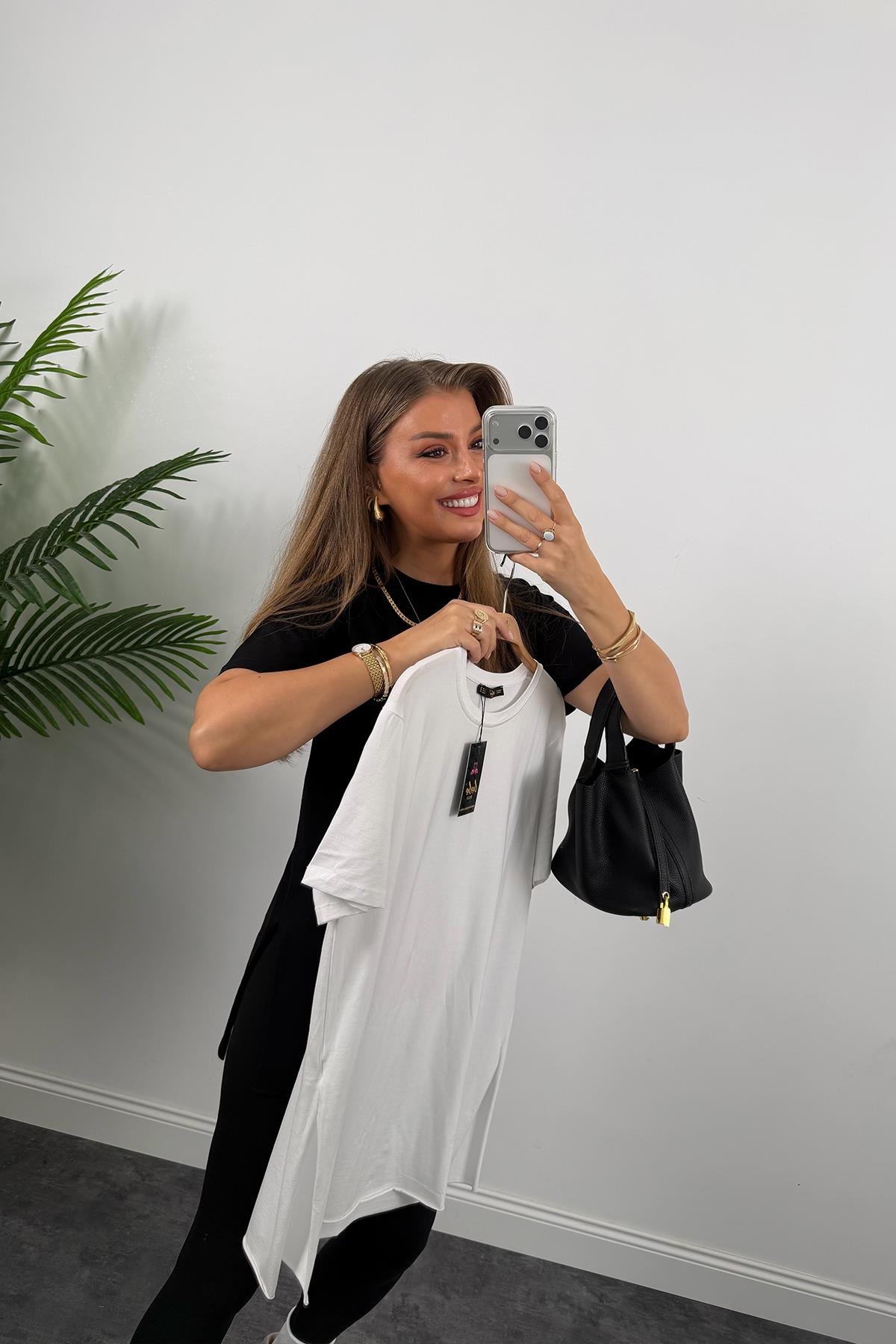 %100 Modal Kumaş Lüx Kalite Yırtmaçlı Salaş Basic Tshirt Siyah