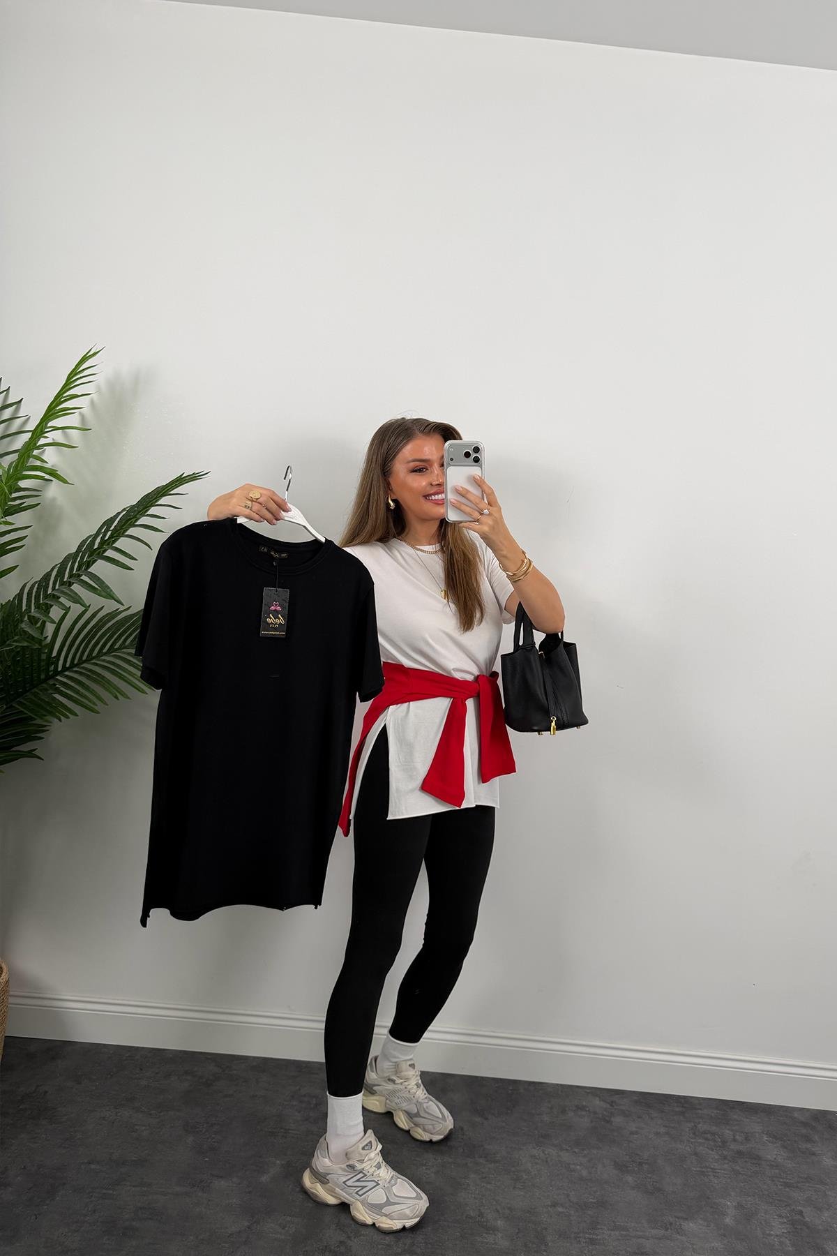 %100 Modal Kumaş Lüx Kalite Yırtmaçlı Salaş Basic Tshirt Beyaz