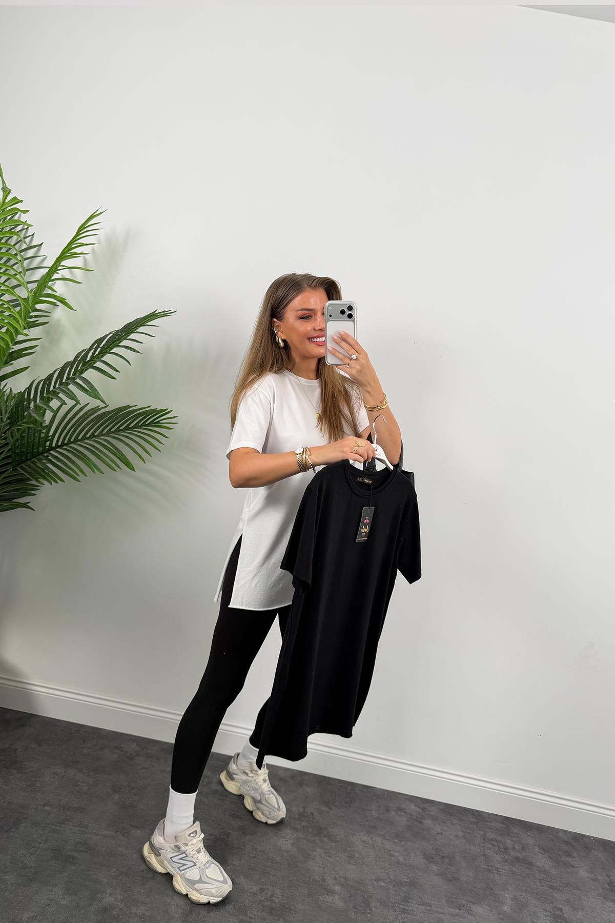 %100 Modal Kumaş Lüx Kalite Yırtmaçlı Salaş Basic Tshirt Siyah