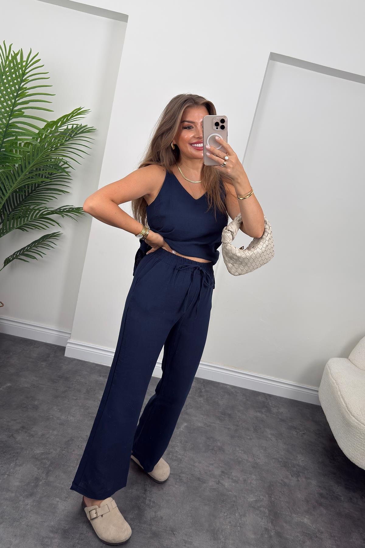 %100 Müslin Organik Kumaş Bol Paça Pantolon Lacivert 