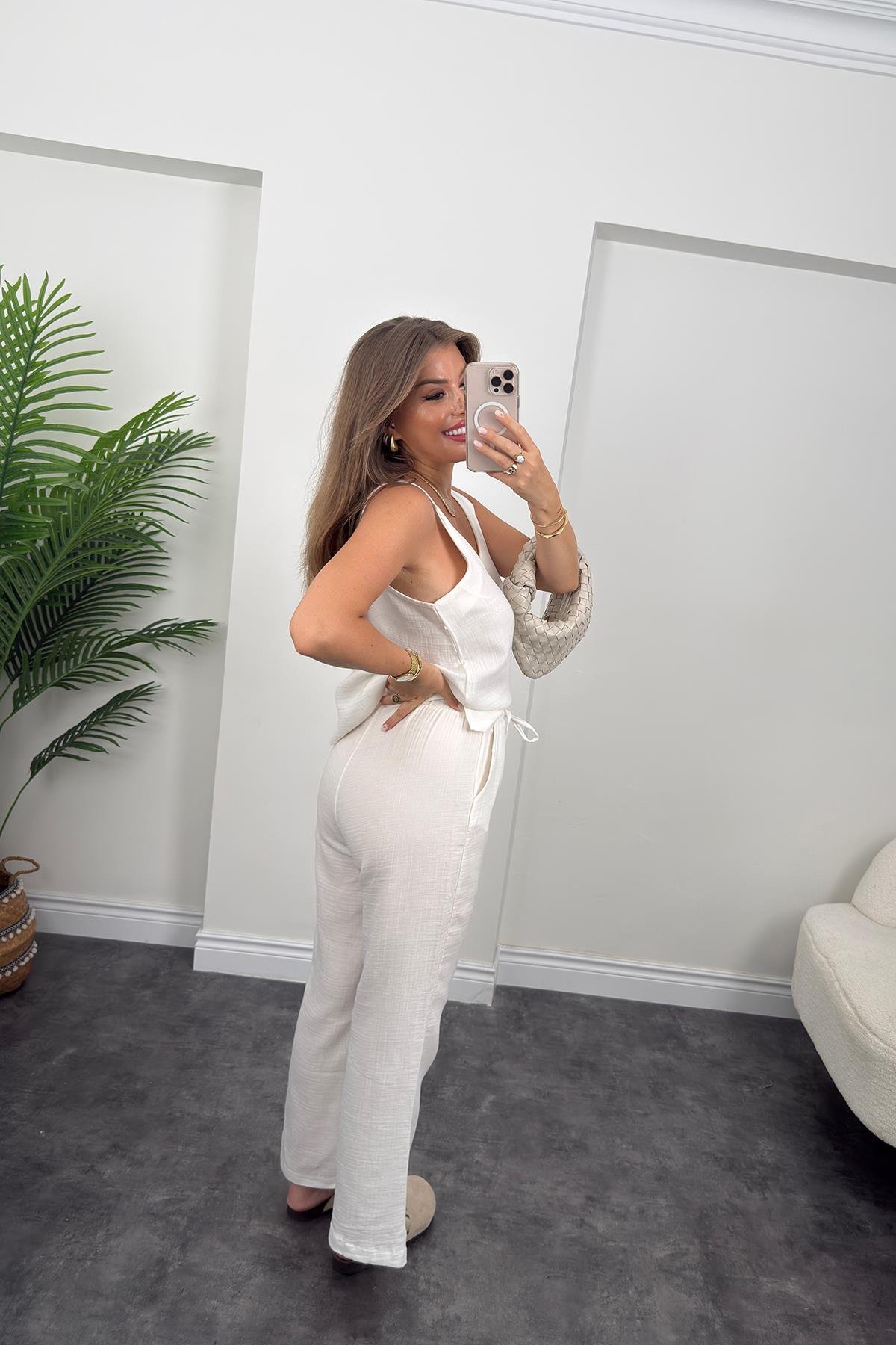 %100 Müslin Organik Kumaş Bol Paça Pantolon Beyaz