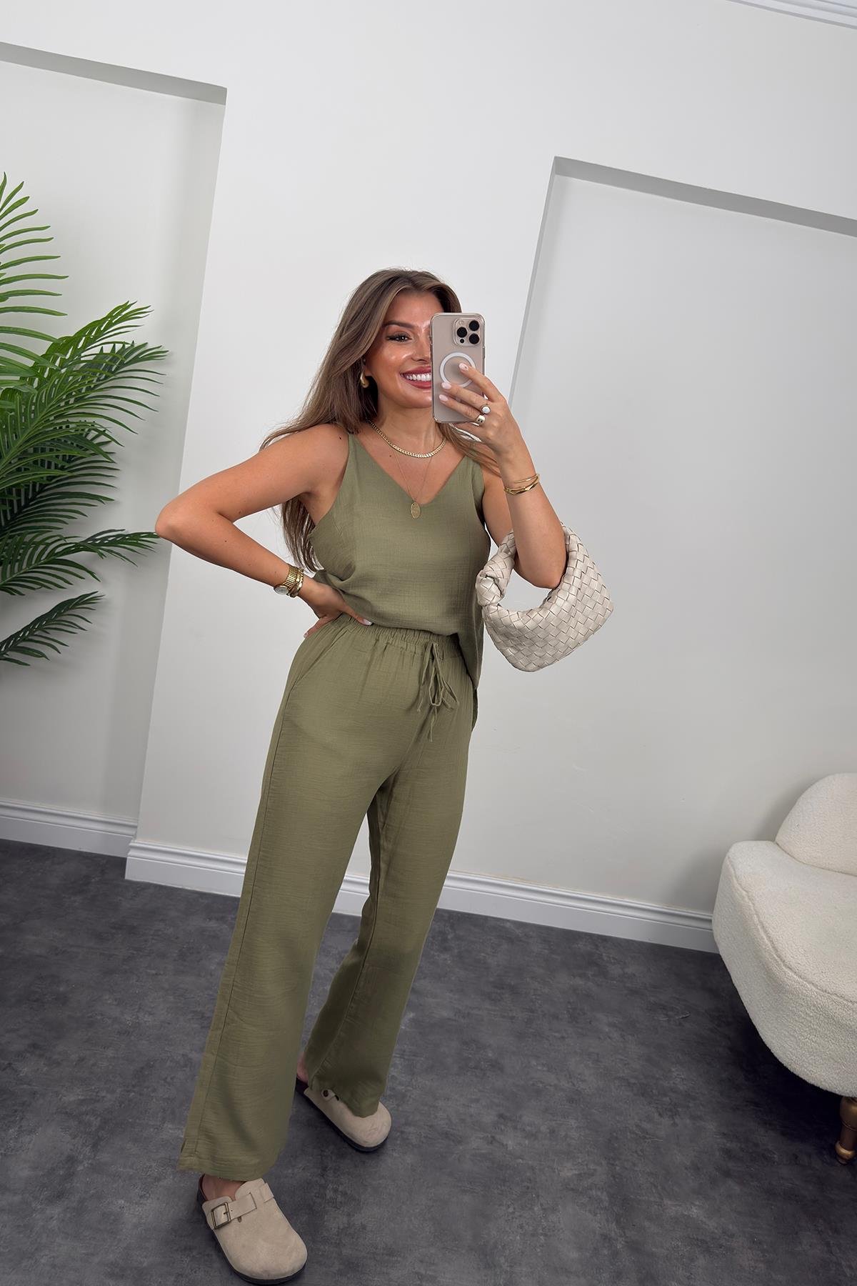 %100 Müslin Organik Kumaş Bol Paça Pantolon Haki