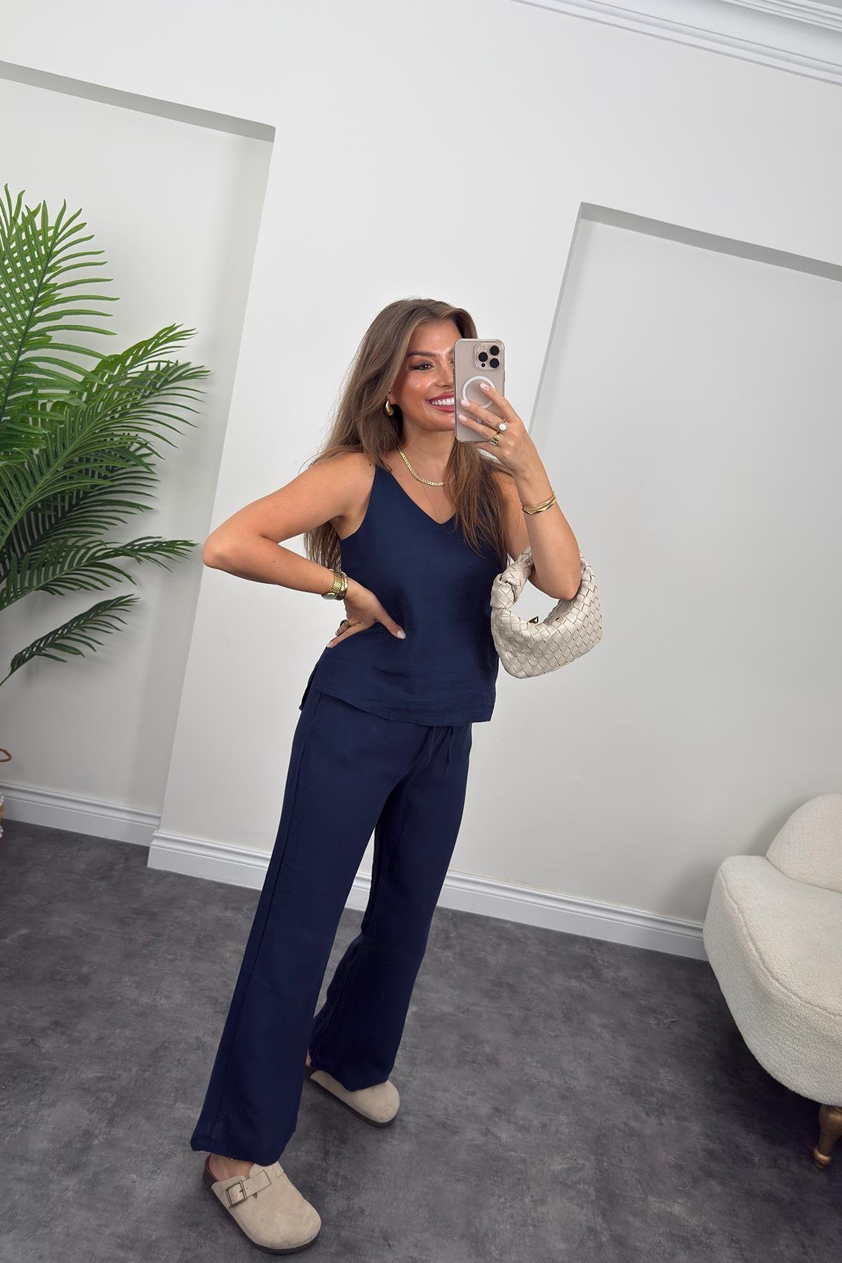 %100 Müslin Organik Kumaş Bol Paça Pantolon Lacivert 