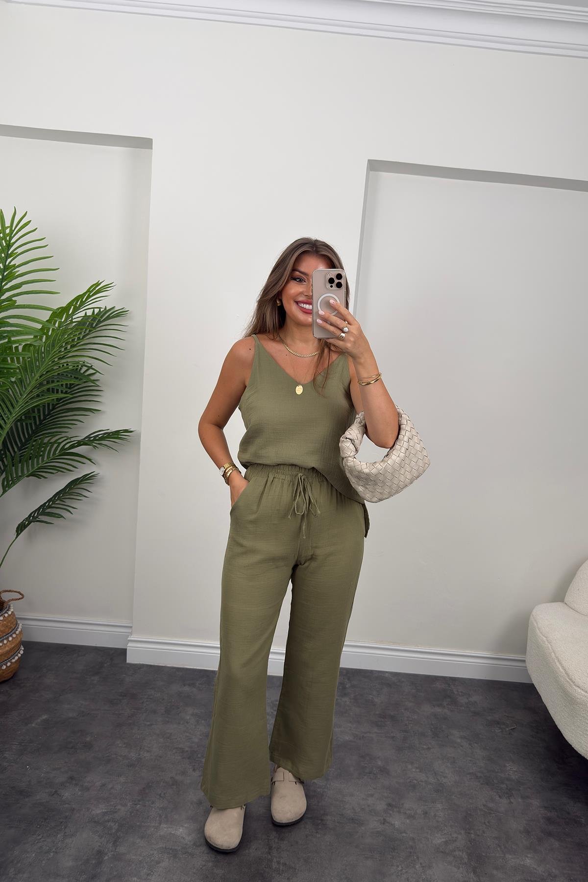 %100 Müslin Organik Kumaş Bol Paça Pantolon Haki