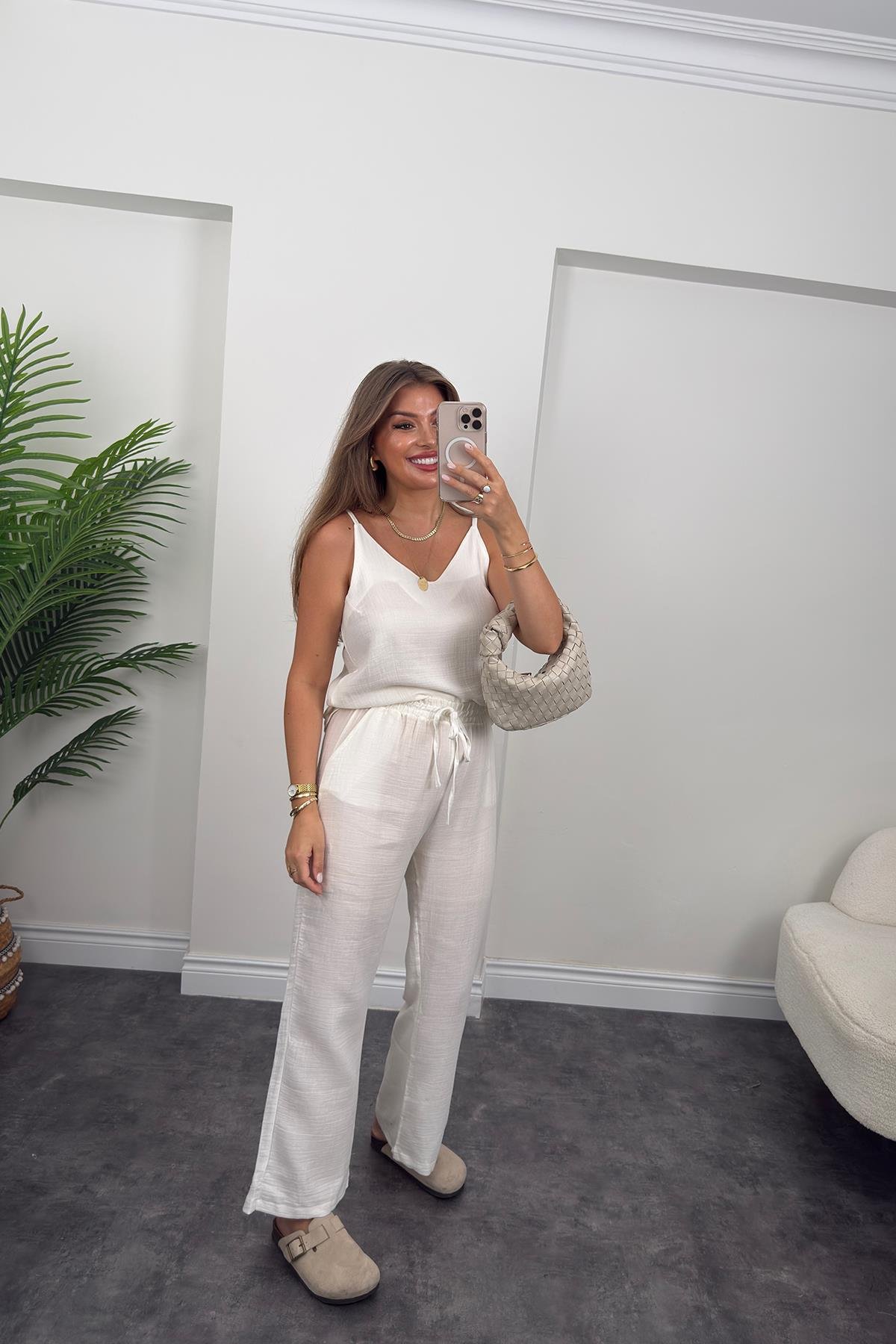 %100 Müslin Organik Kumaş Bol Paça Pantolon Beyaz