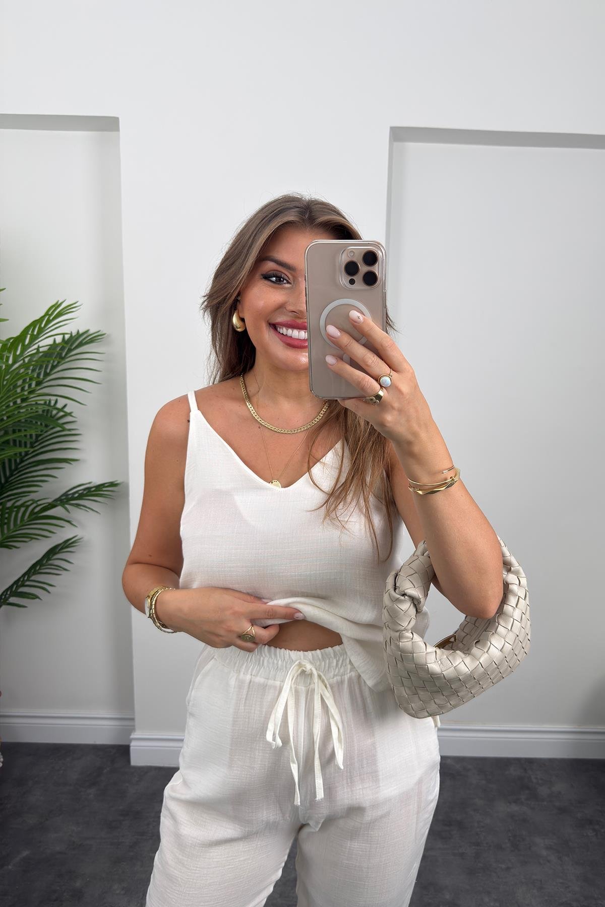 %100 Müslin Organik Kumaş Bol Paça Pantolon Beyaz