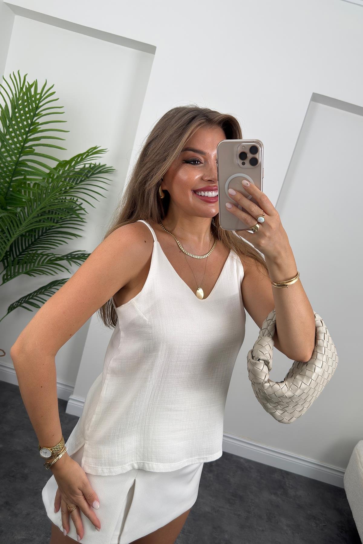 %100 Müslin Organik Kumaş İp Askılı Bluz Beyaz