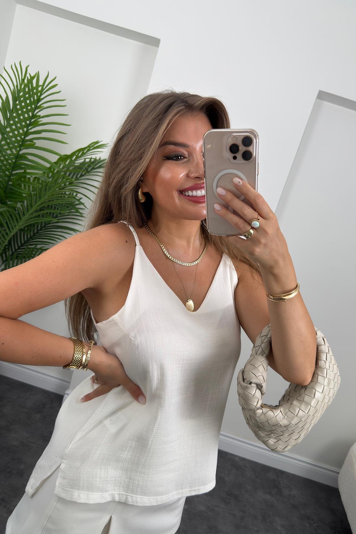 %100 Müslin Organik Kumaş İp Askılı Bluz Beyaz