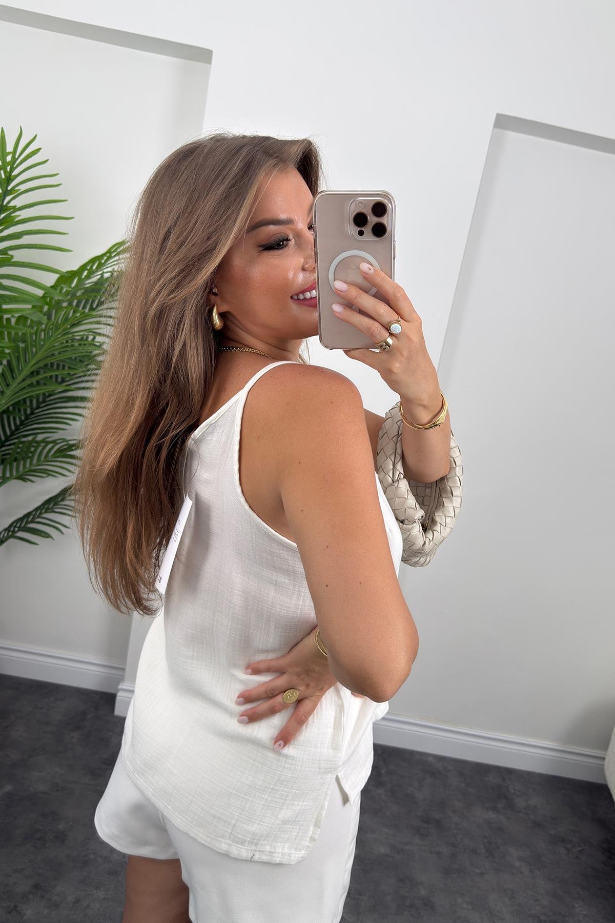 %100 Müslin Organik Kumaş İp Askılı Bluz Beyaz