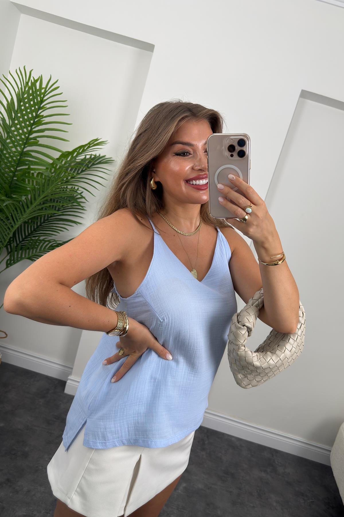 %100 Müslin Organik Kumaş İp Askılı Bluz Mavi