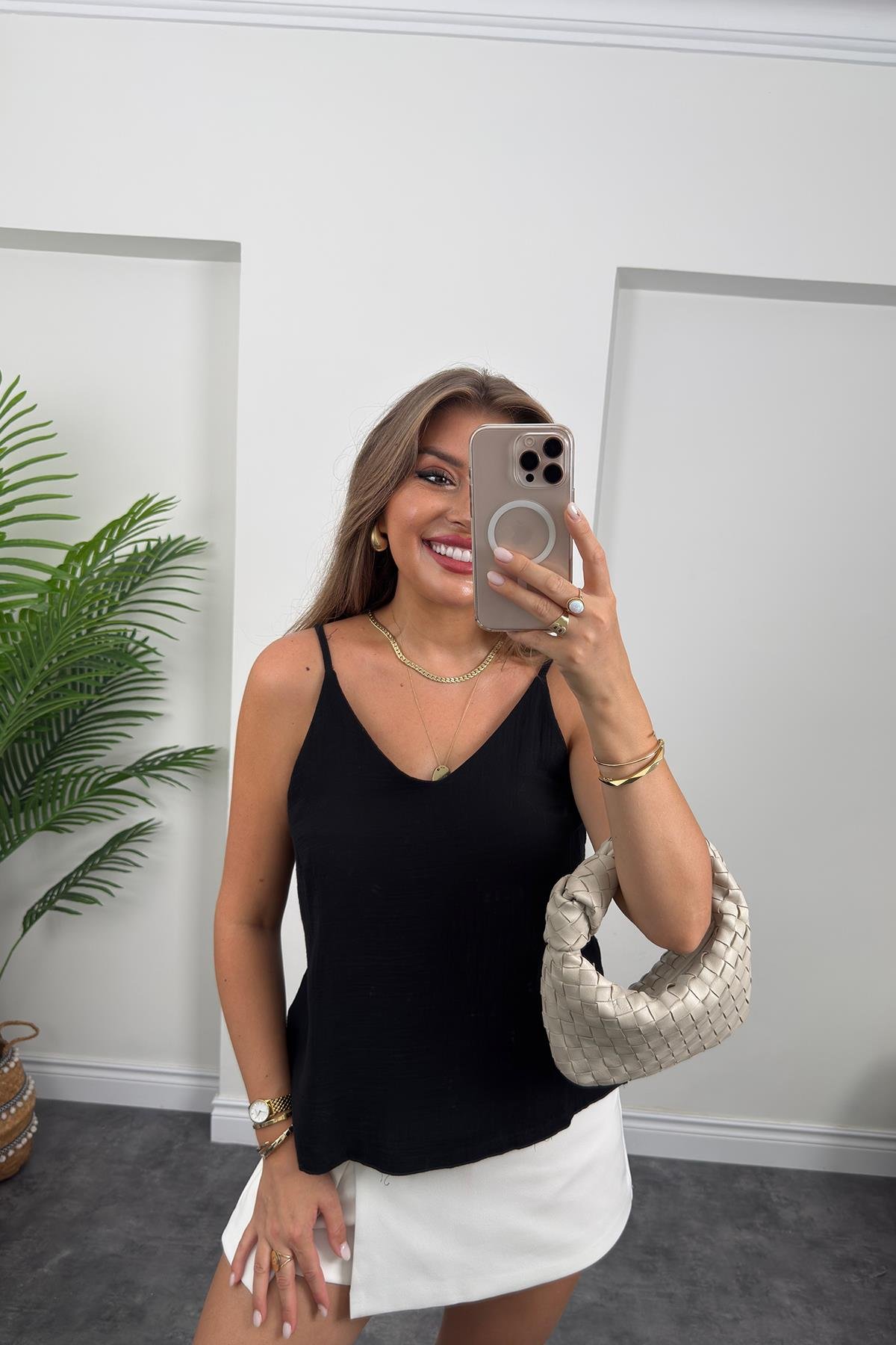 %100 Müslin Organik Kumaş İp Askılı Bluz Siyah 