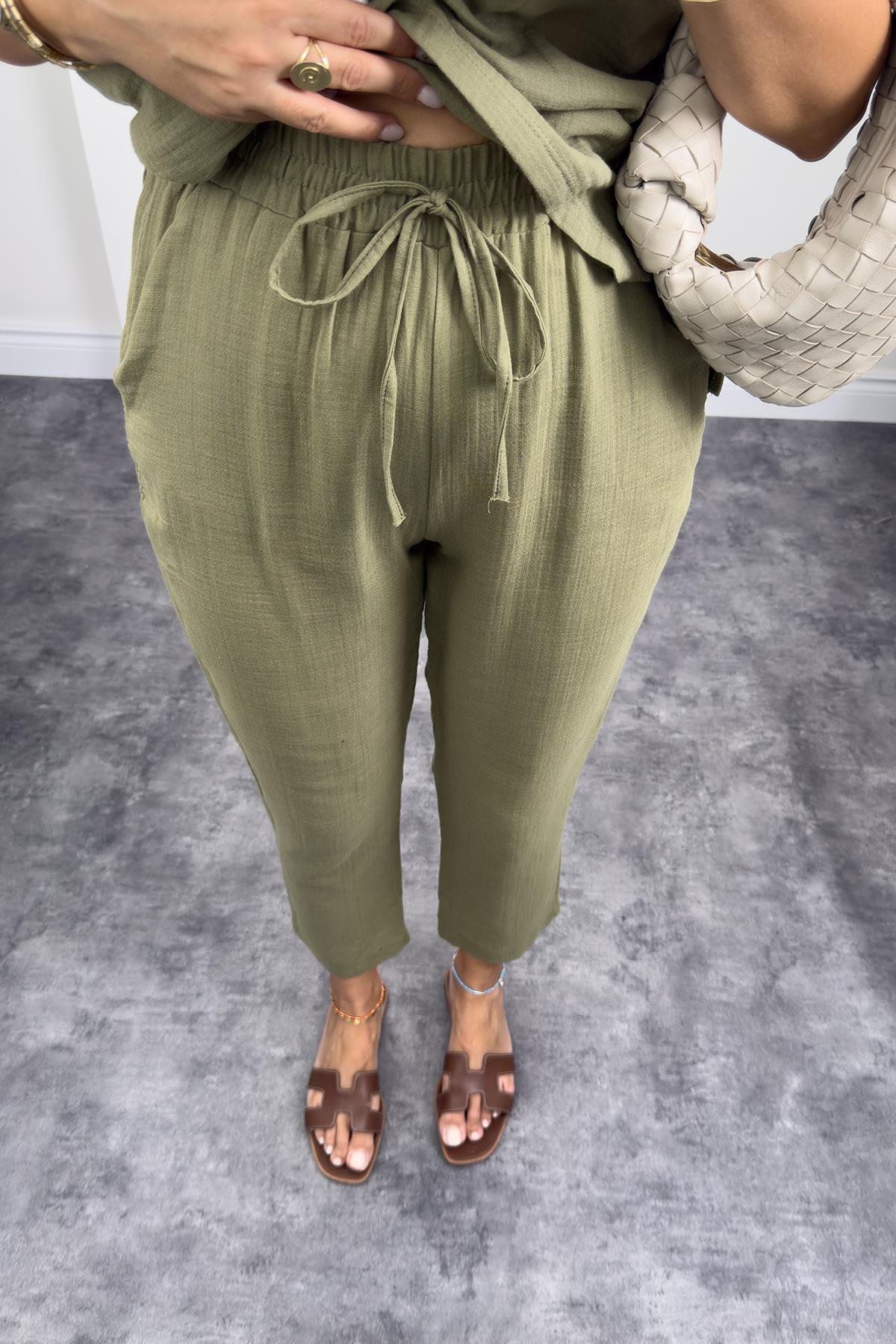 %100 Müslin Organik Kumaş Jogger Pantolon Haki