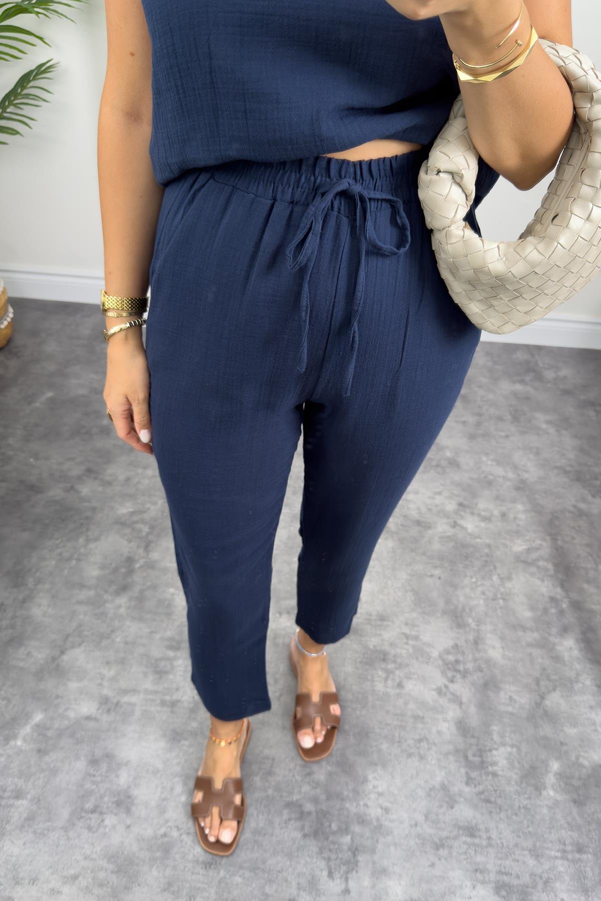 %100 Müslin Organik Kumaş Jogger Pantolon Lacivert 