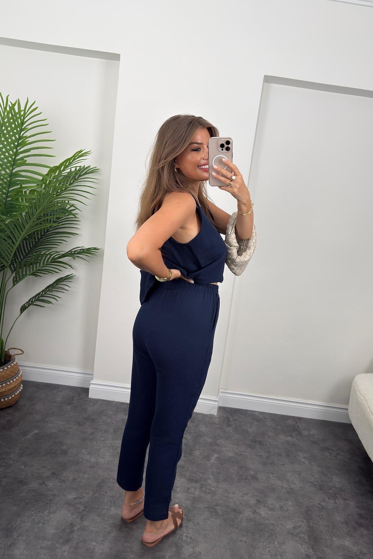 %100 Müslin Organik Kumaş Jogger Pantolon Lacivert 