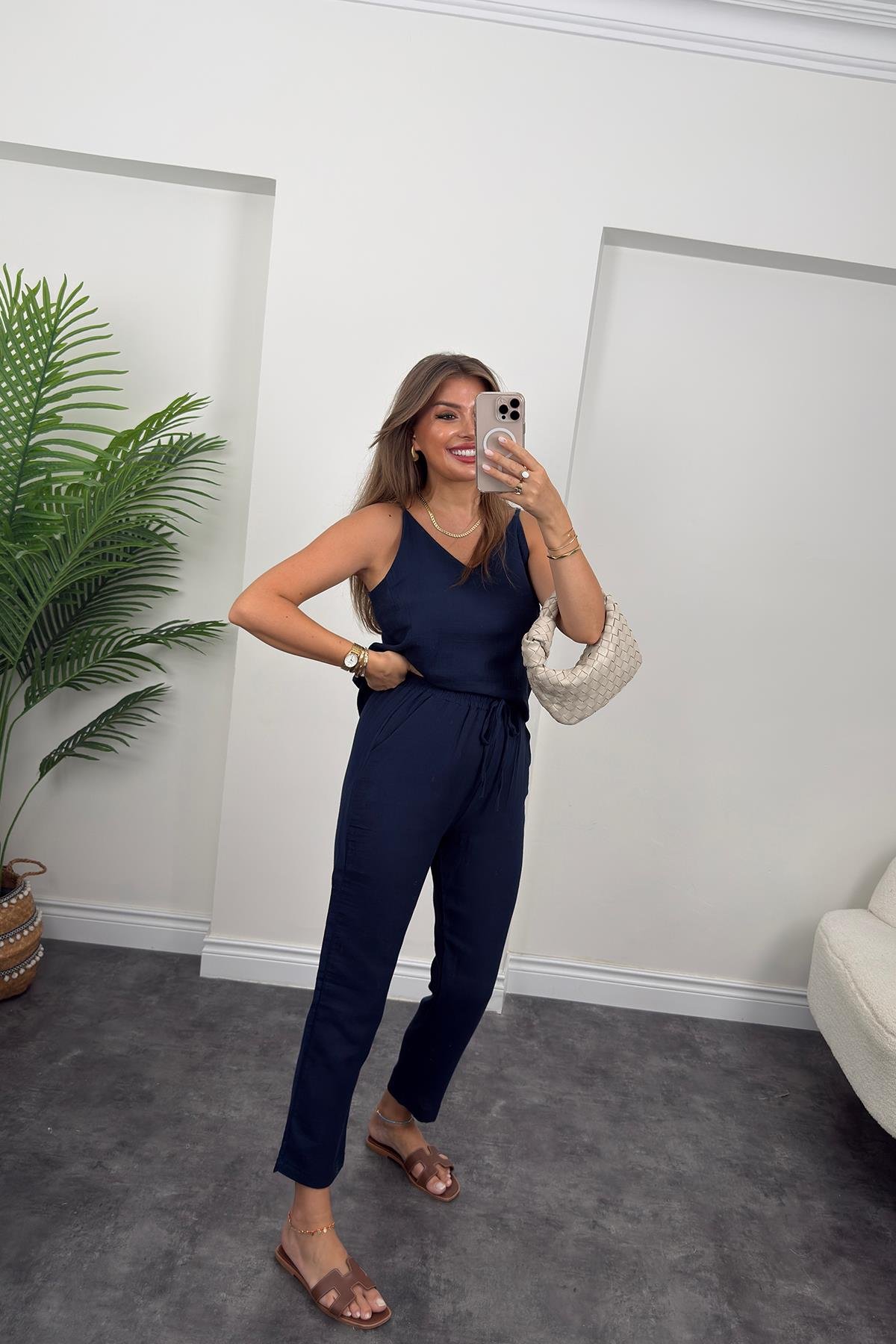 %100 Müslin Organik Kumaş Jogger Pantolon Lacivert 