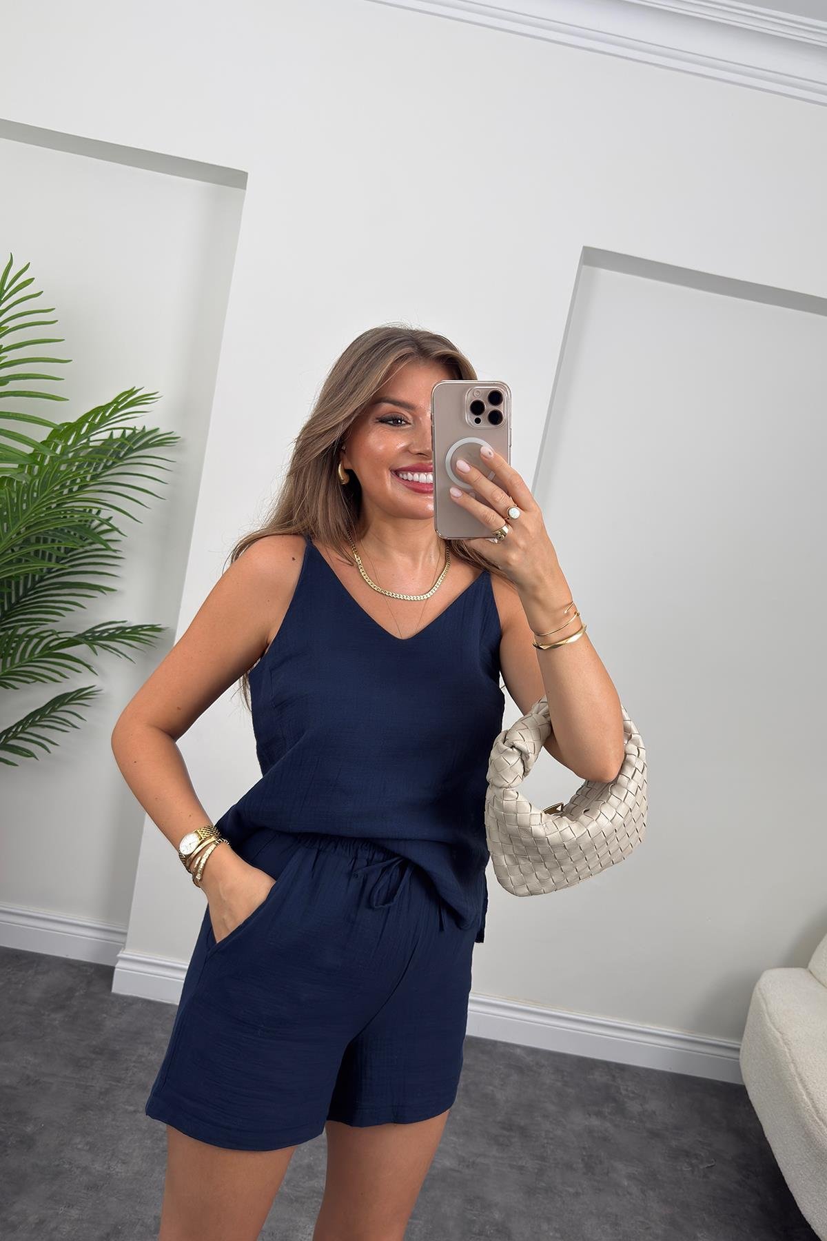 %100 Müslin Organik Kumaş Şort Lacivert 