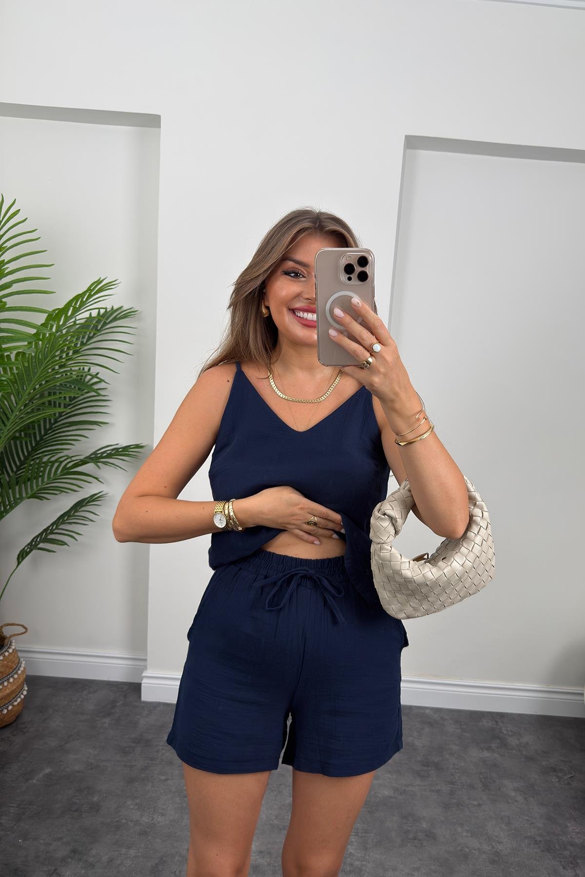 %100 Müslin Organik Kumaş Şort Lacivert 