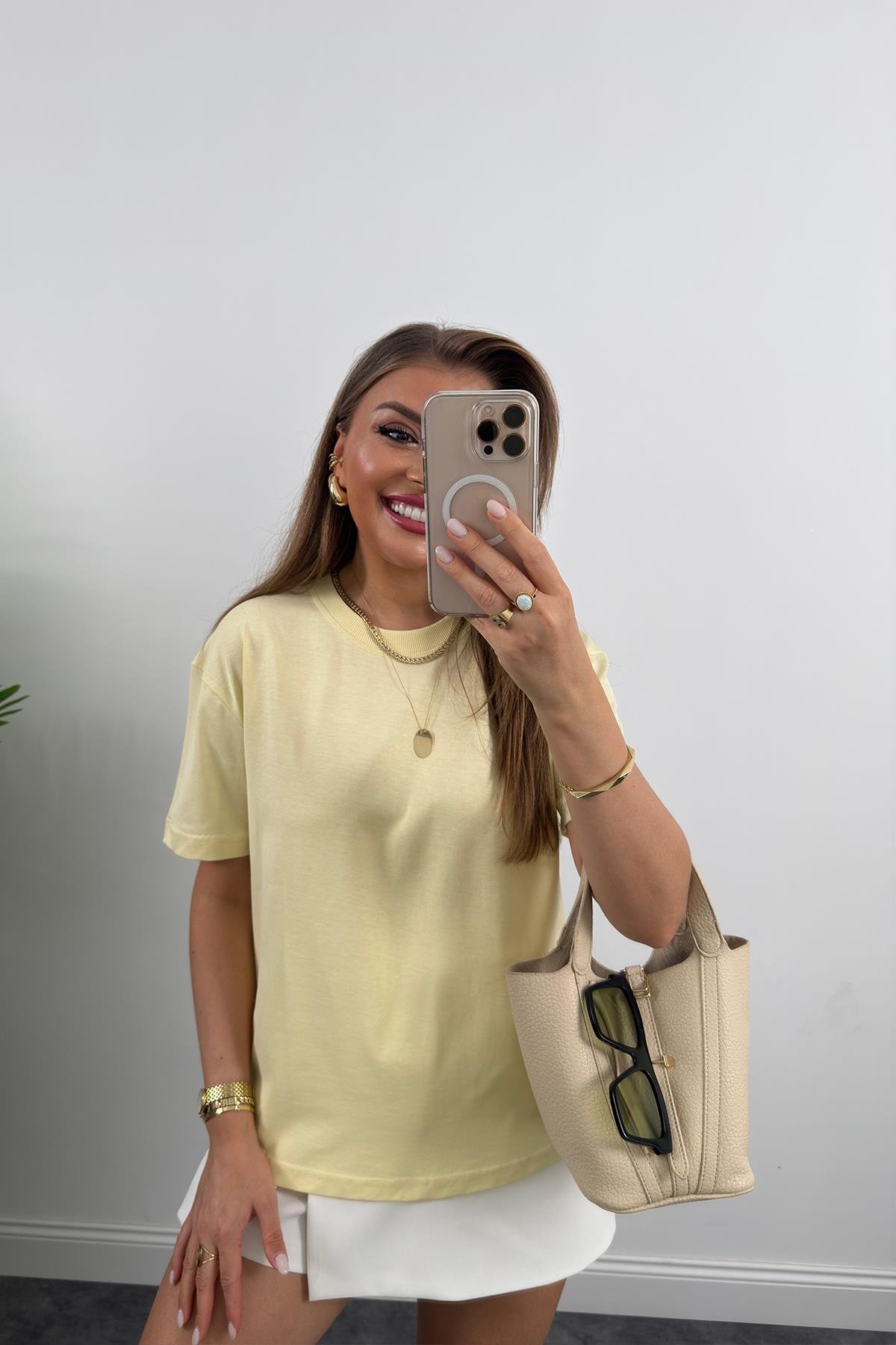 %100 Pamuklu Bisiklet Yaka Premium Basic Tshirt Sarı