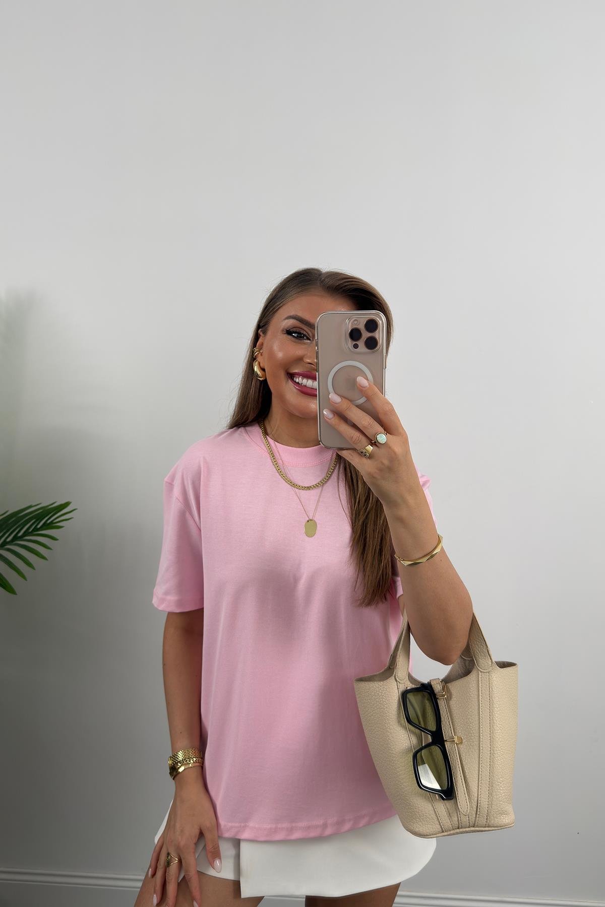 %100 Pamuklu Bisiklet Yaka Premium Basic Tshirt Pembe