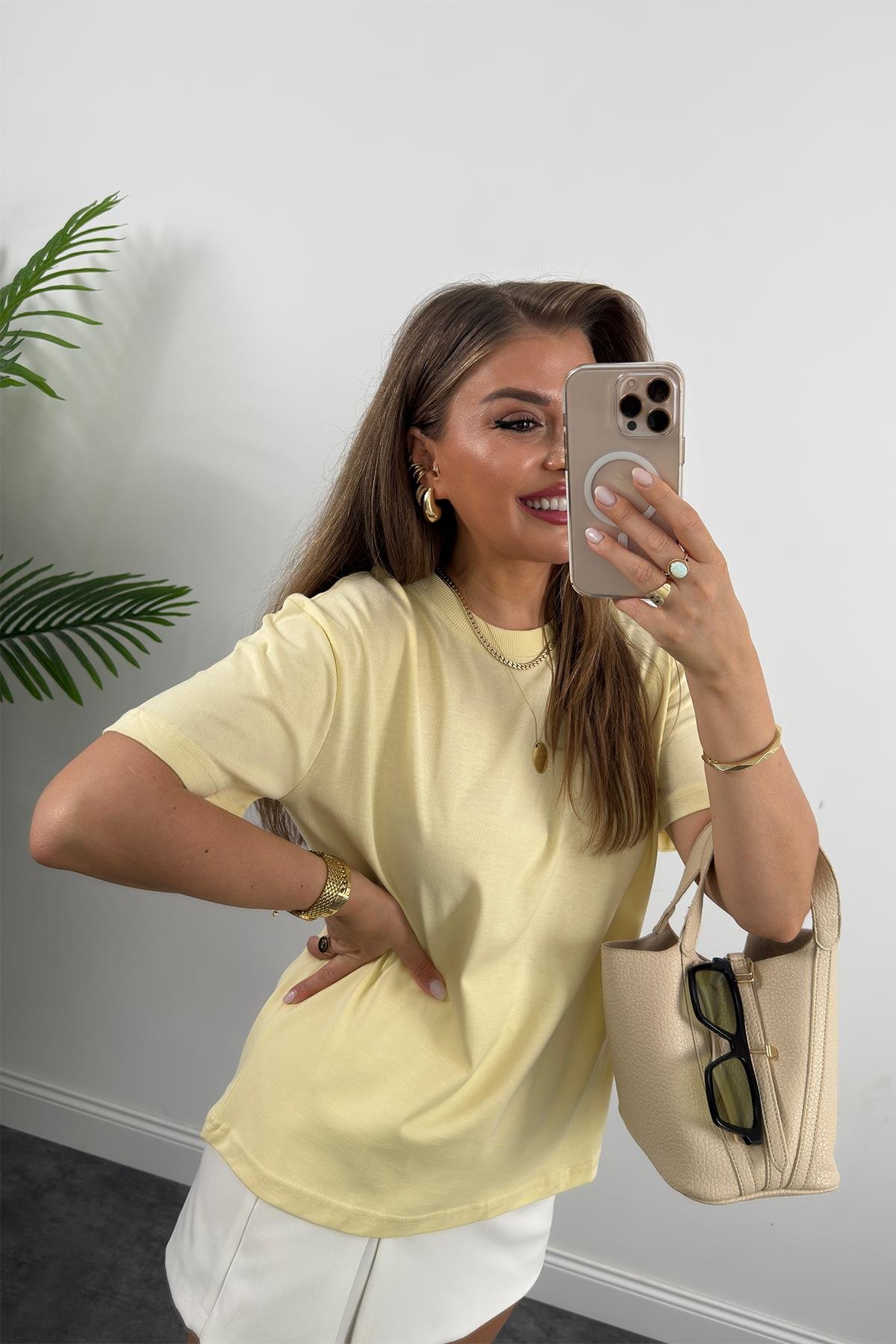 %100 Pamuklu Bisiklet Yaka Premium Basic Tshirt Sarı