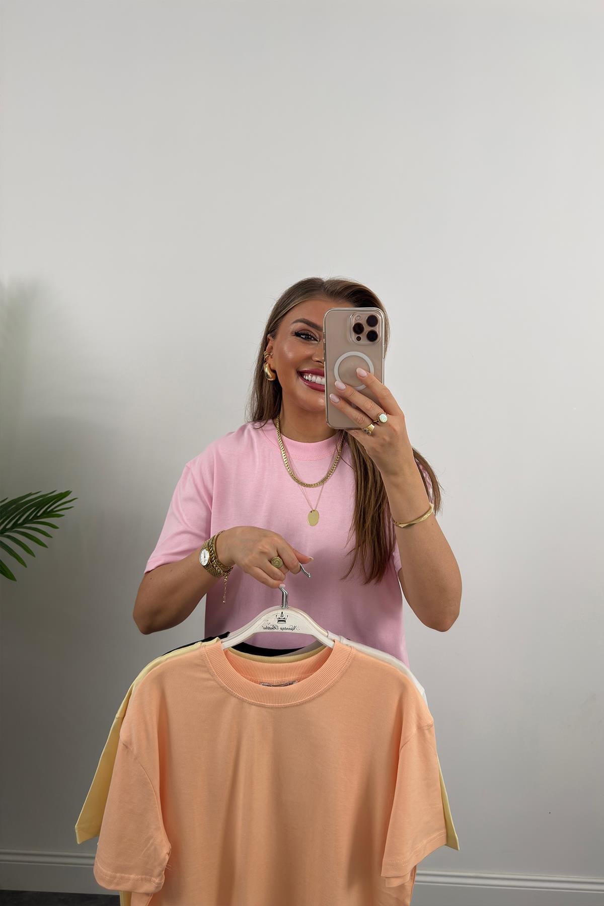 %100 Pamuklu Bisiklet Yaka Premium Basic Tshirt Pembe
