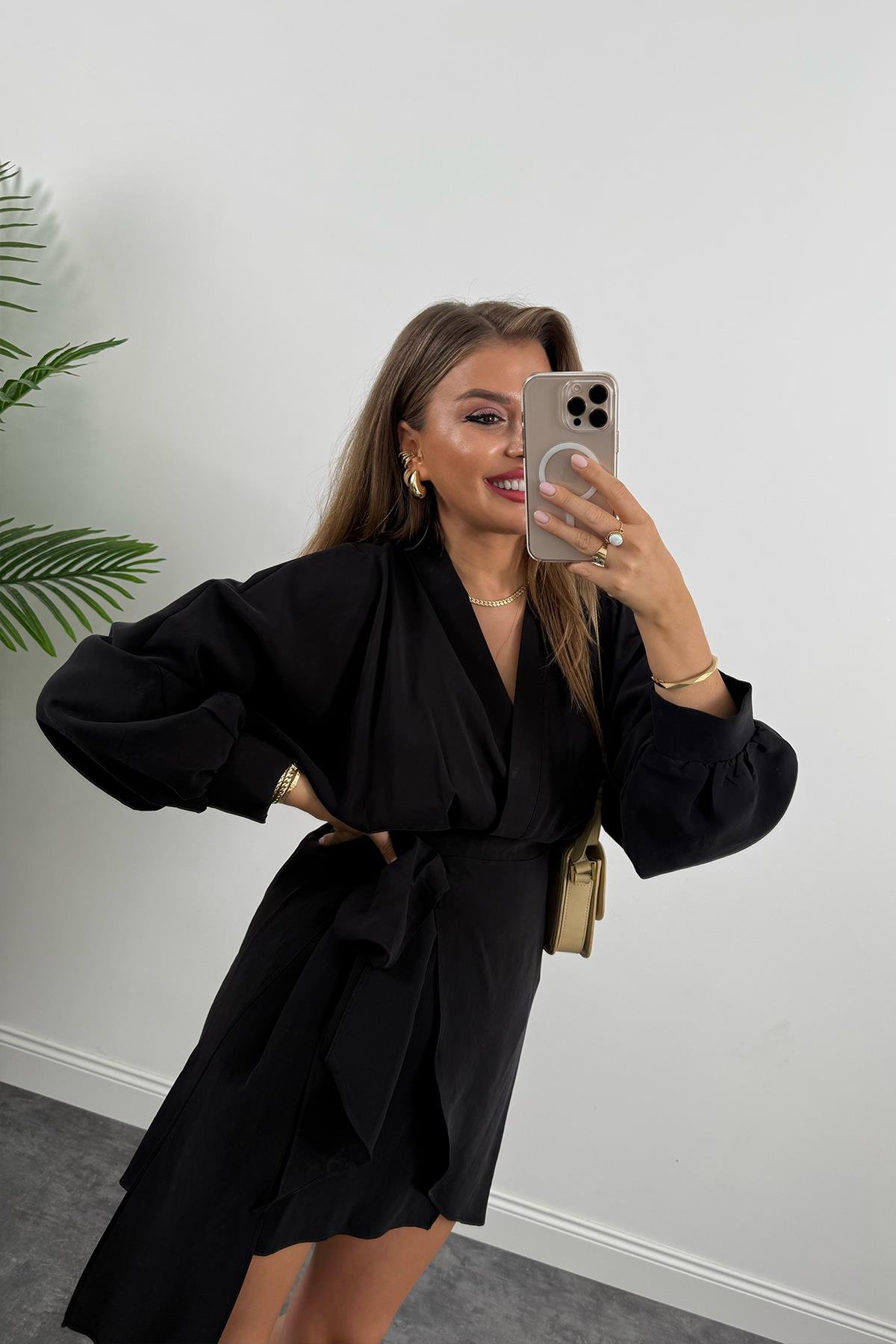 %100 Tensel Balon Kol Lüx Kalite Anvelop Elbise Siyah