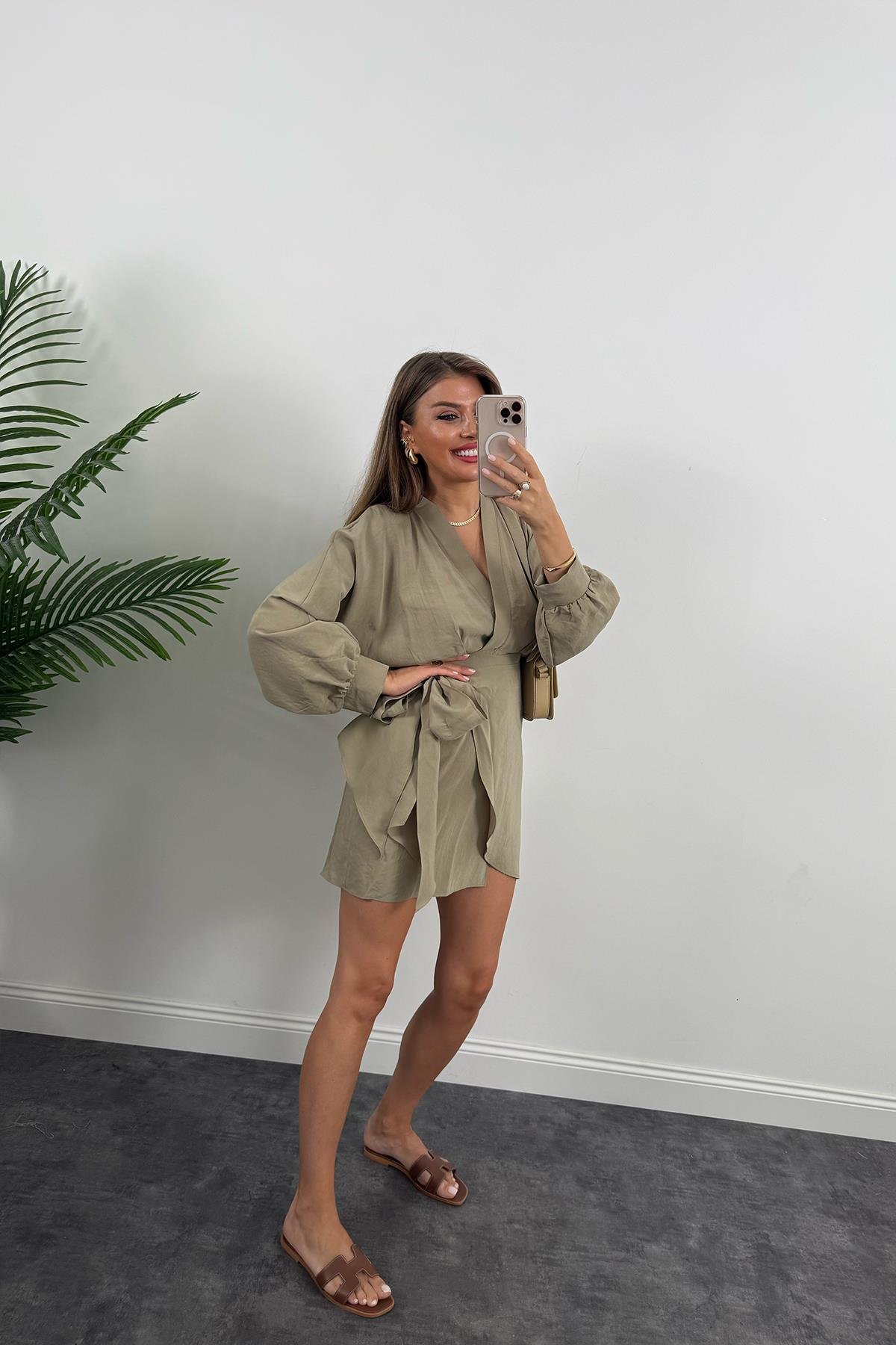 %100 Tensel Balon Kol Lüx Kalite Anvelop Elbise Haki