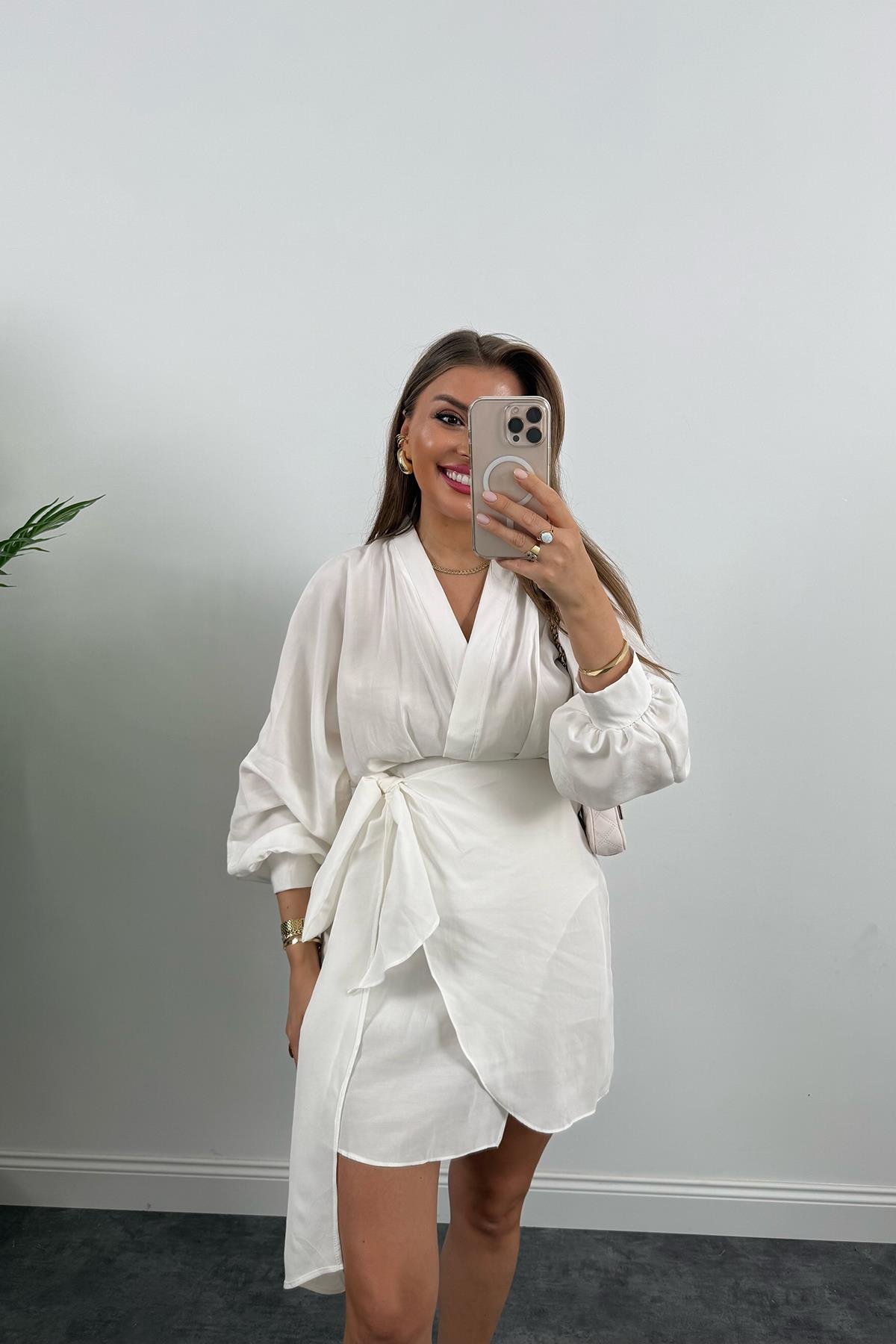 %100 Tensel Balon Kol Lüx Kalite Anvelop Elbise Ekru