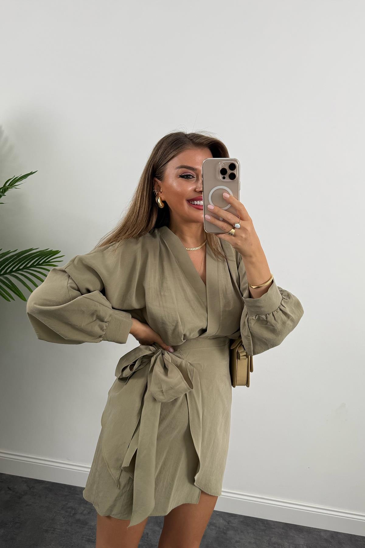 %100 Tensel Balon Kol Lüx Kalite Anvelop Elbise Haki