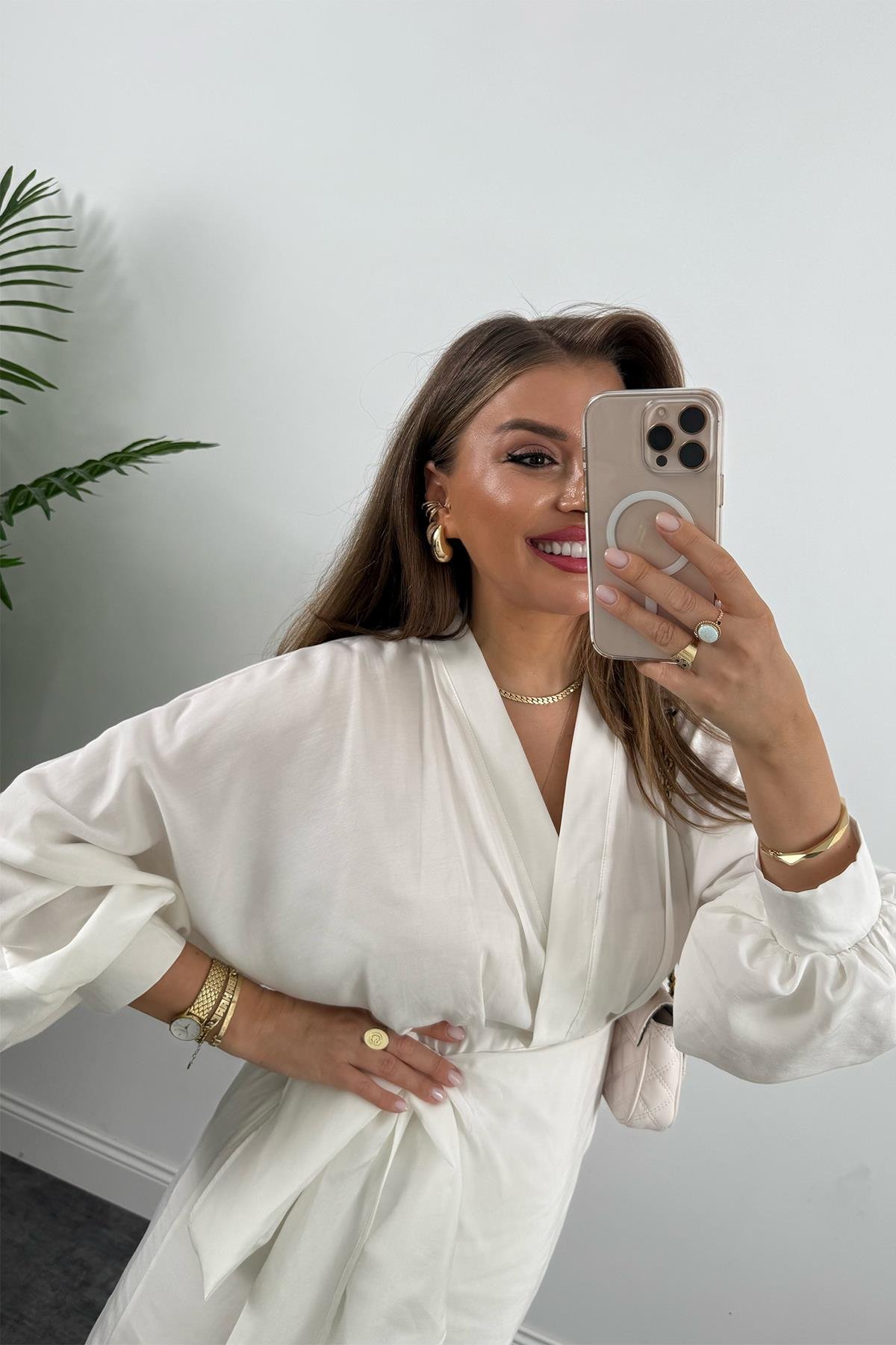 %100 Tensel Balon Kol Lüx Kalite Anvelop Elbise Ekru