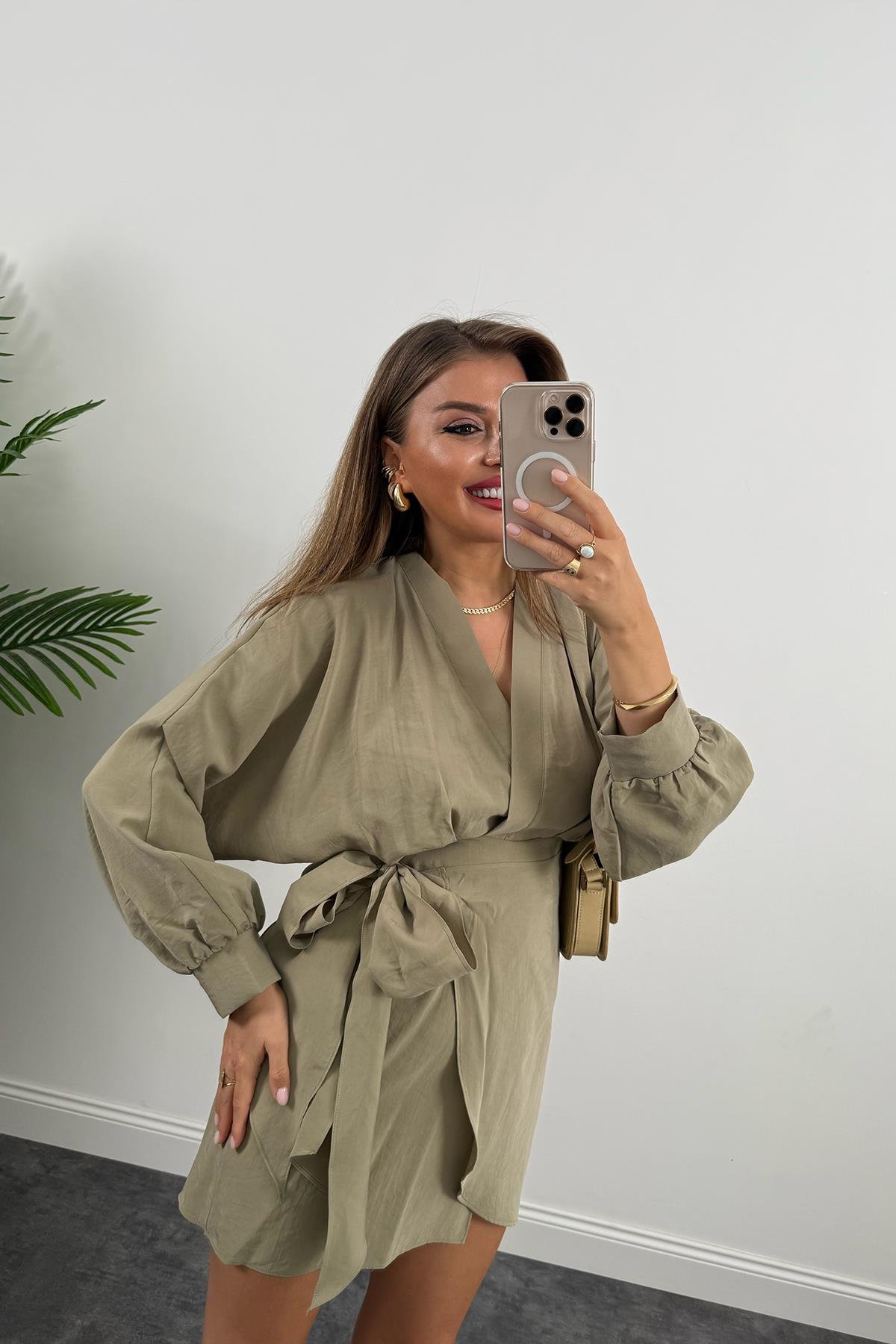 %100 Tensel Balon Kol Lüx Kalite Anvelop Elbise Haki