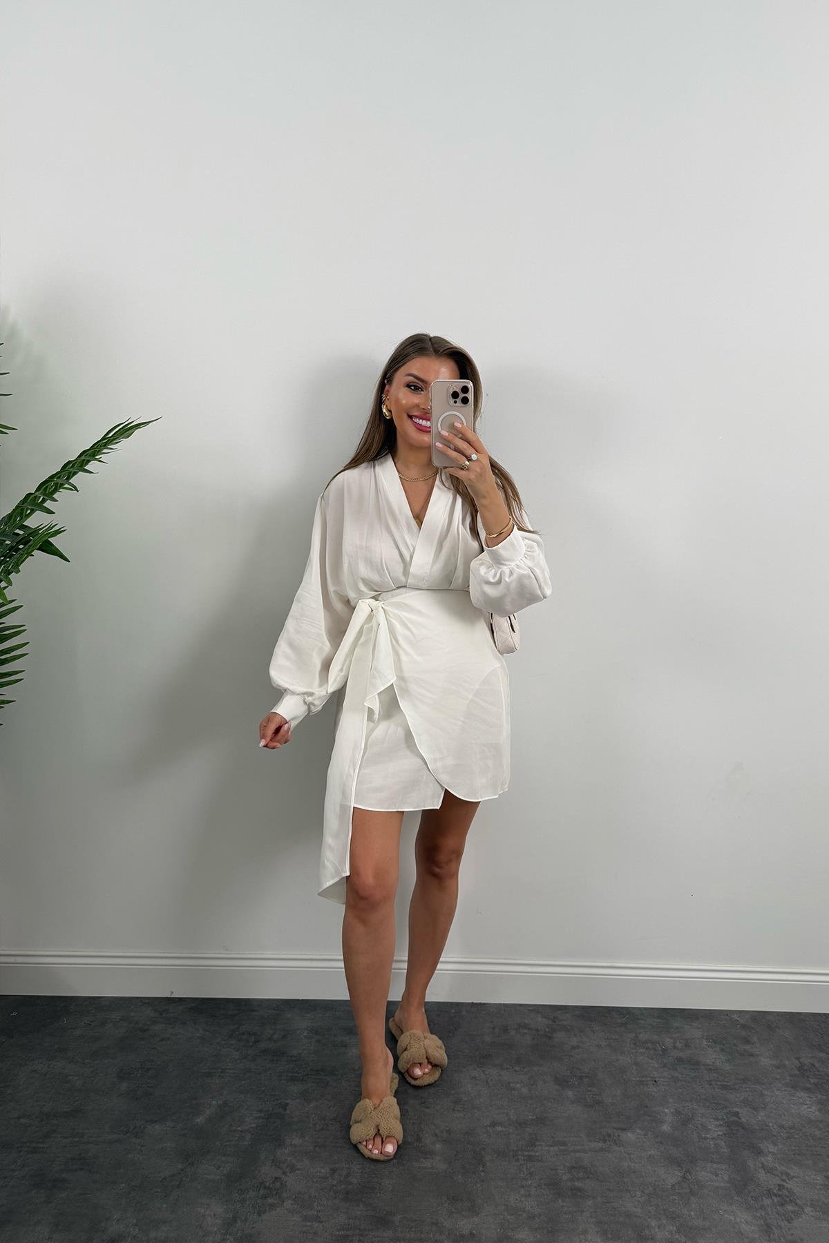 %100 Tensel Balon Kol Lüx Kalite Anvelop Elbise Ekru