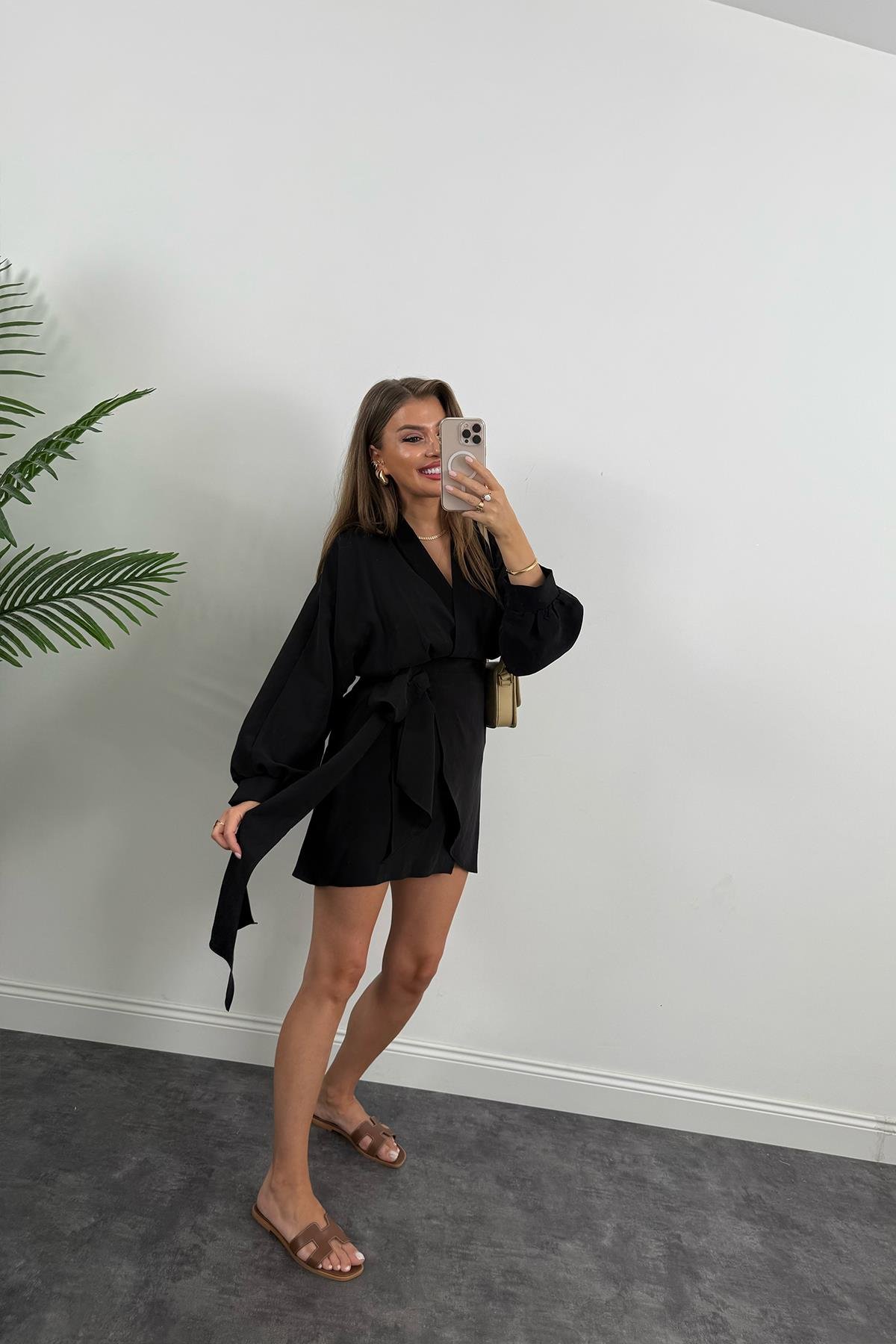 %100 Tensel Balon Kol Lüx Kalite Anvelop Elbise Siyah