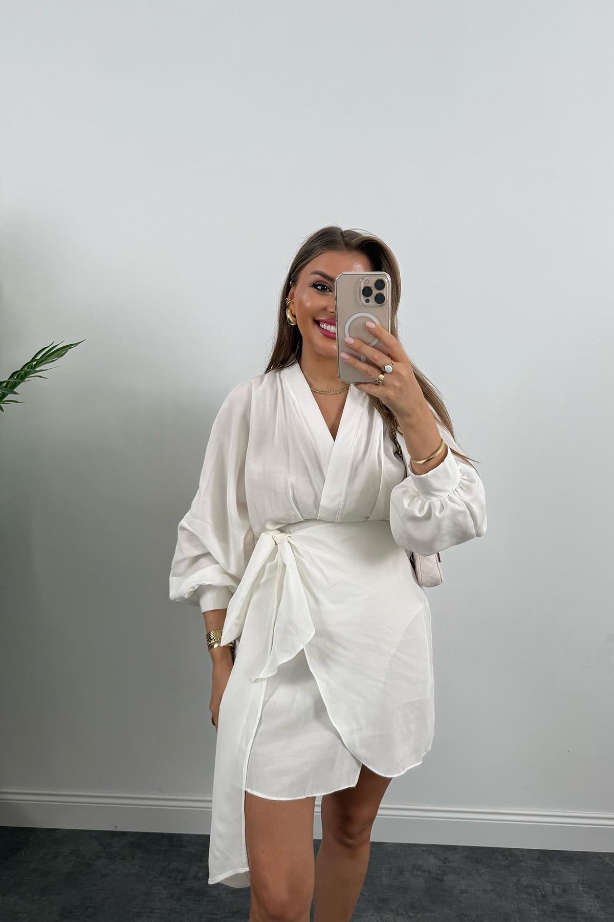 %100 Tensel Balon Kol Lüx Kalite Anvelop Elbise Ekru