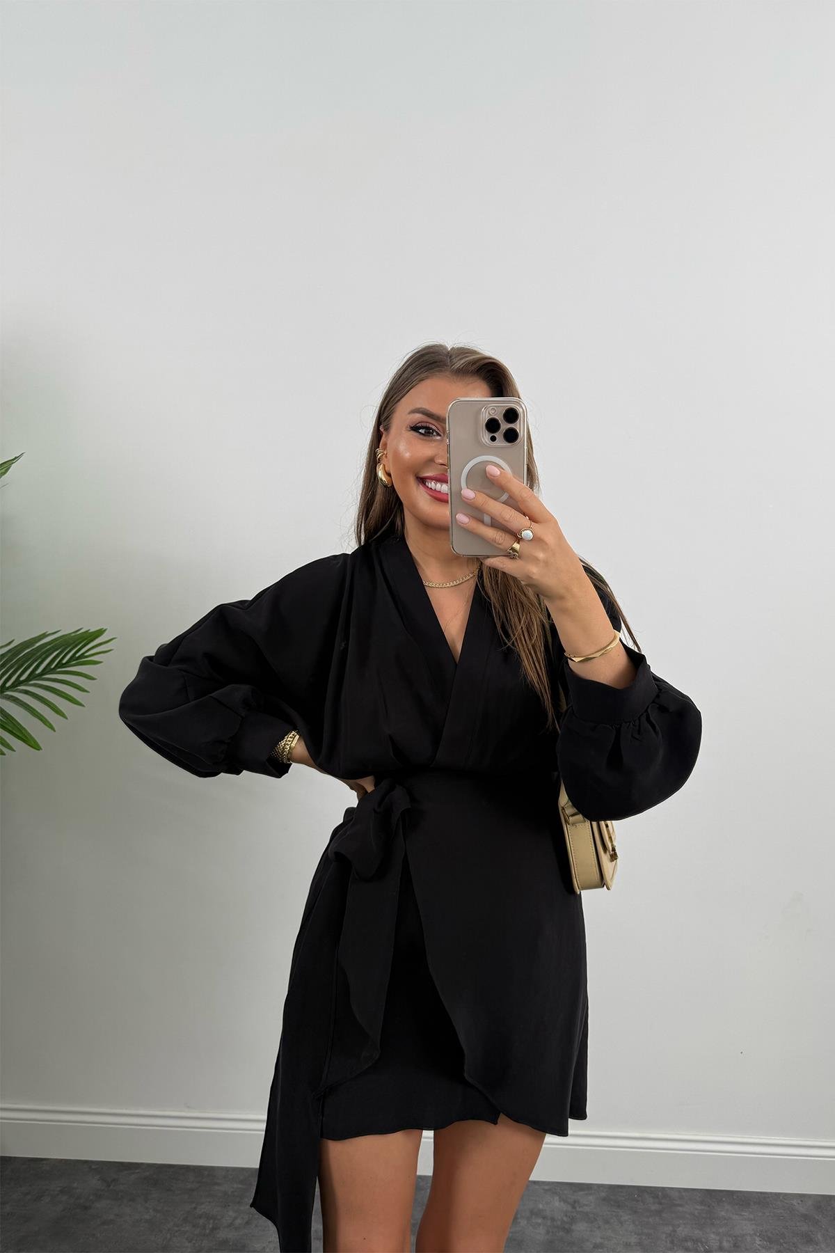 %100 Tensel Balon Kol Lüx Kalite Anvelop Elbise Siyah