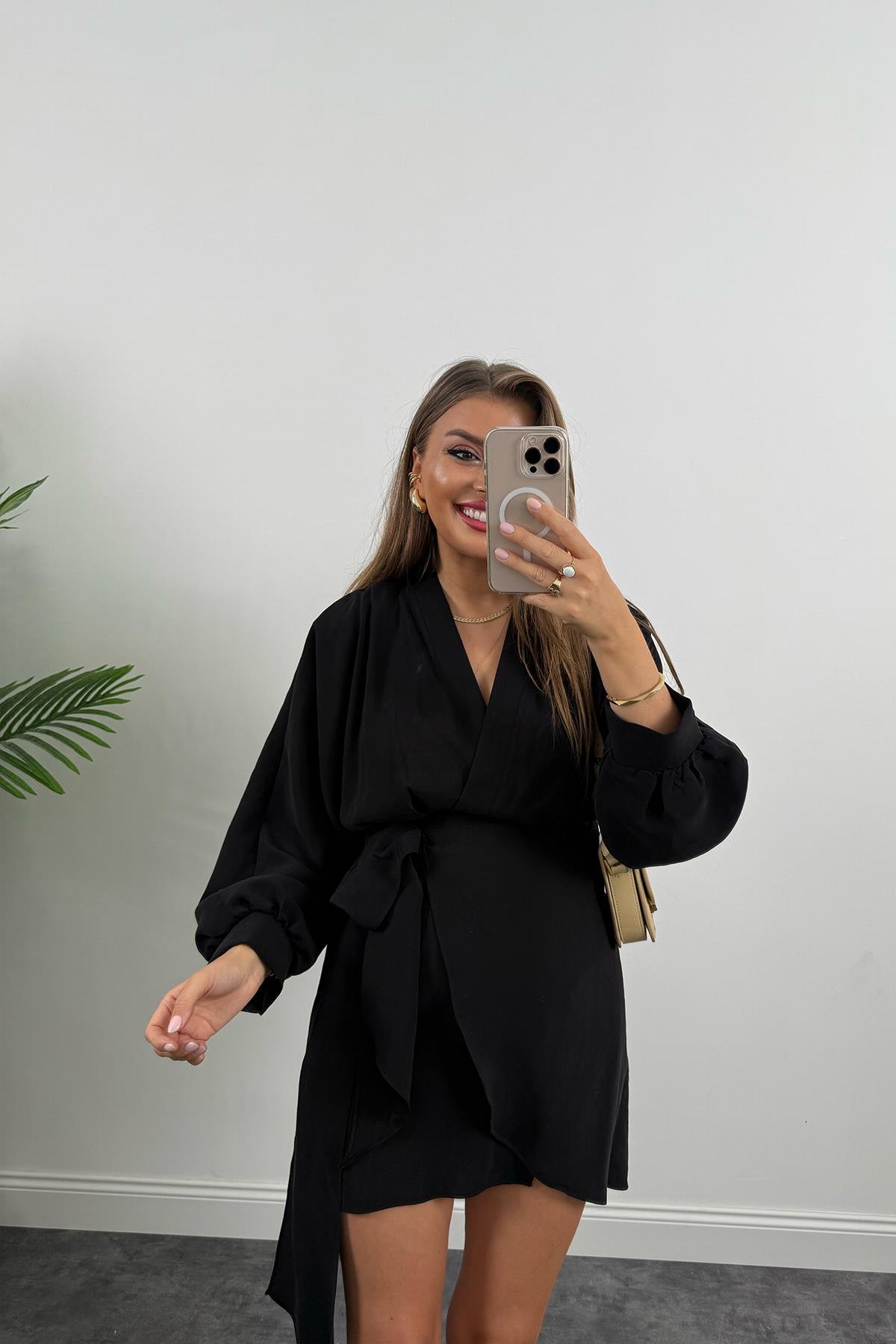 %100 Tensel Balon Kol Lüx Kalite Anvelop Elbise Siyah