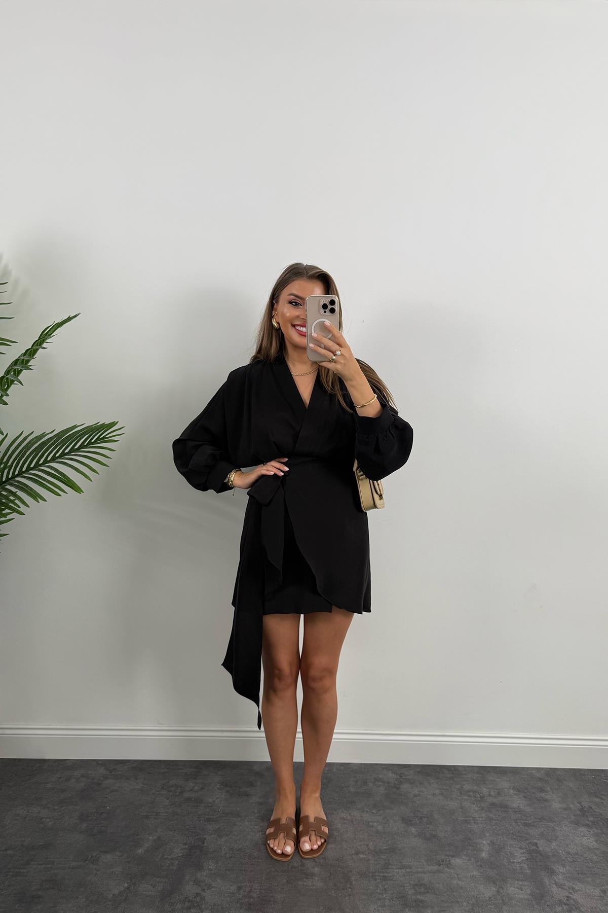 %100 Tensel Balon Kol Lüx Kalite Anvelop Elbise Siyah