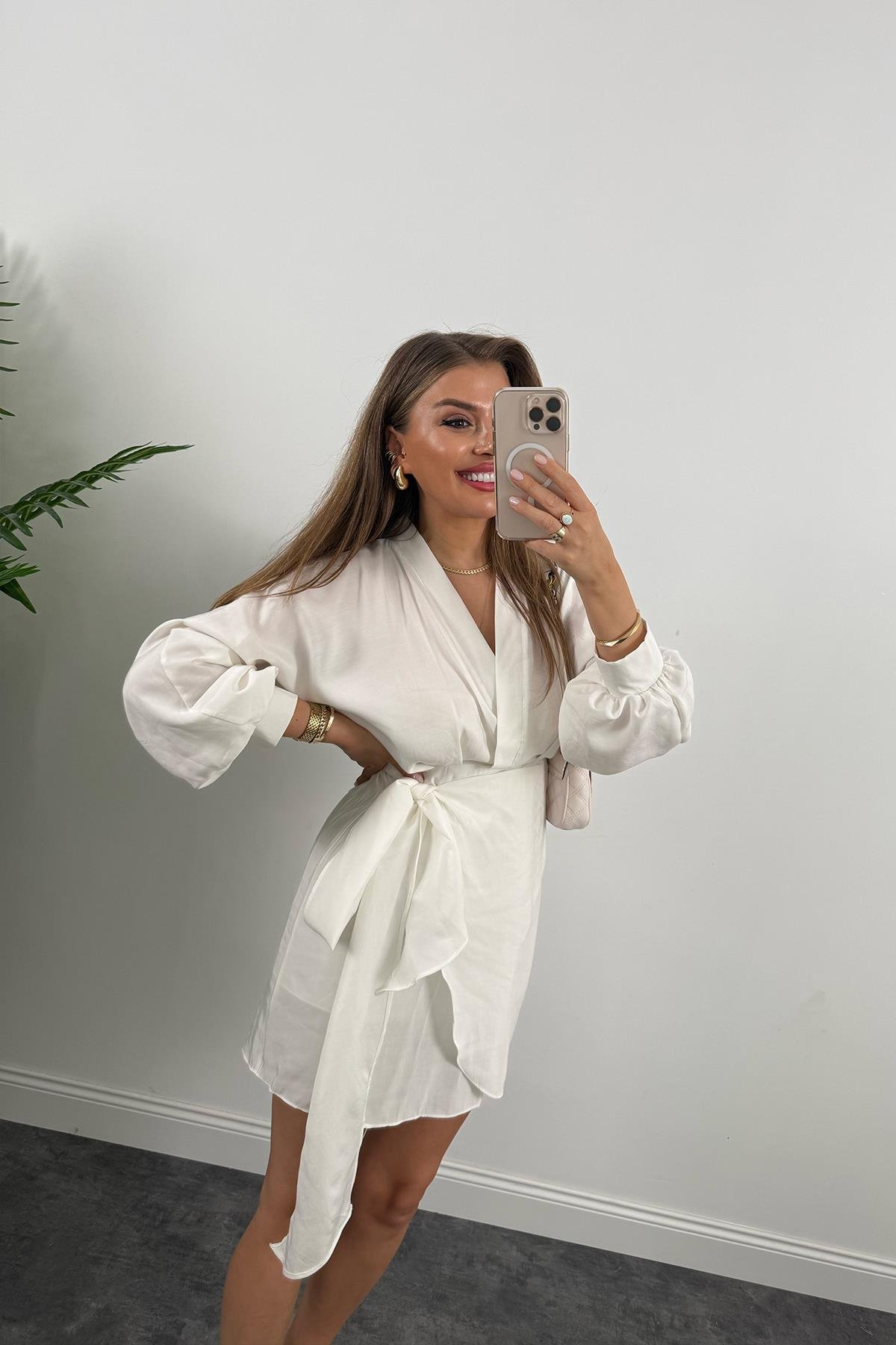 %100 Tensel Balon Kol Lüx Kalite Anvelop Elbise Ekru