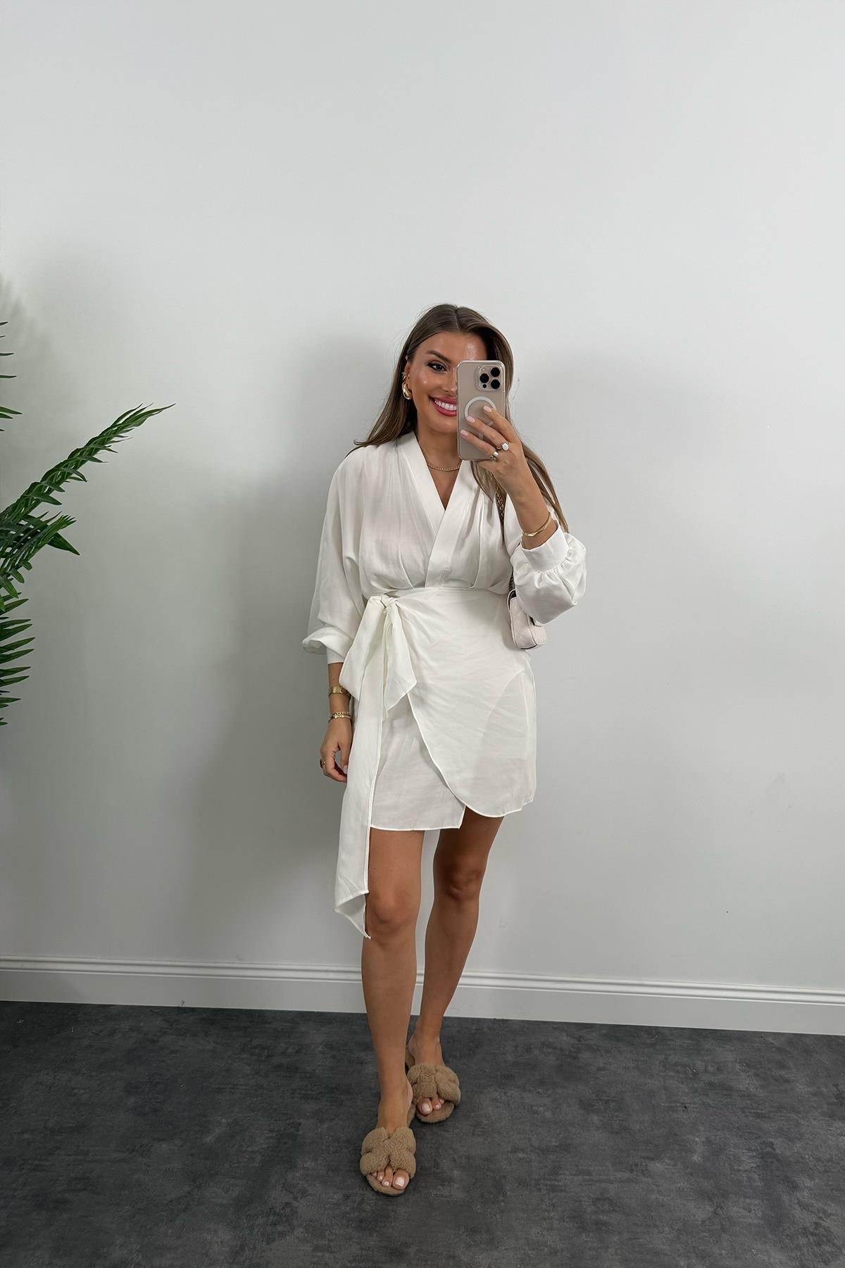 %100 Tensel Balon Kol Lüx Kalite Anvelop Elbise Ekru