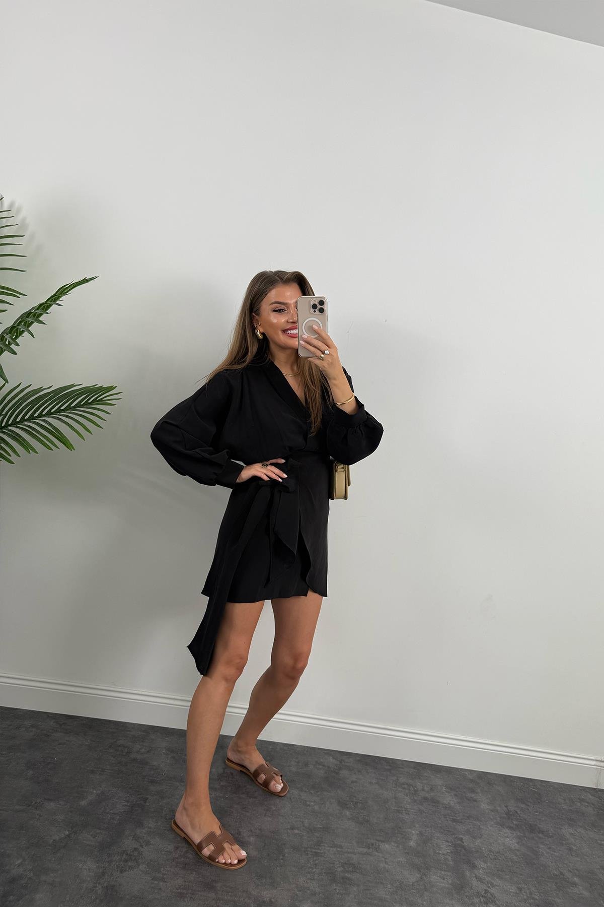 %100 Tensel Balon Kol Lüx Kalite Anvelop Elbise Siyah