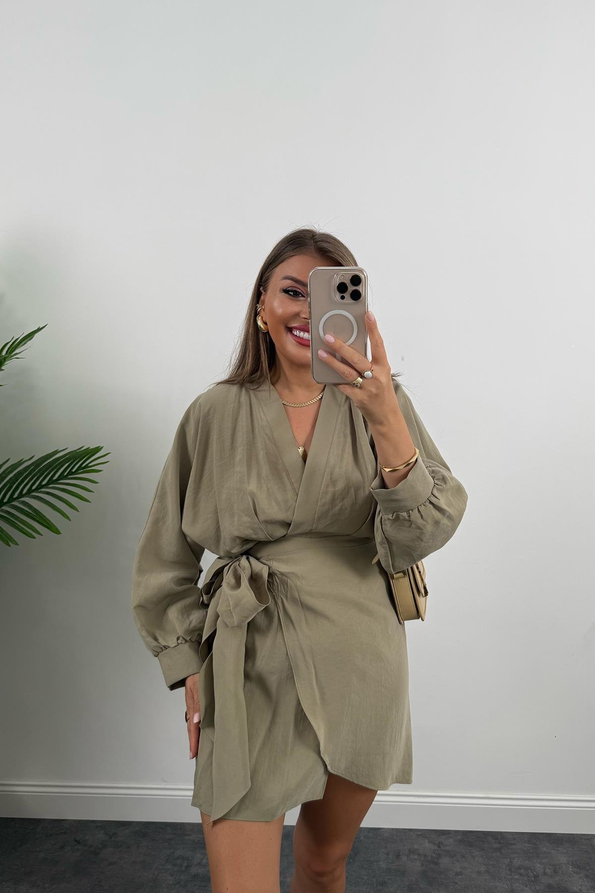 %100 Tensel Balon Kol Lüx Kalite Anvelop Elbise Haki