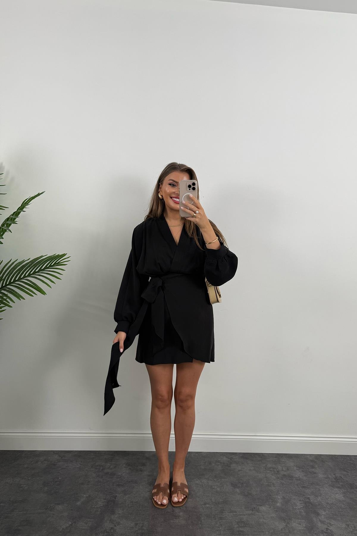 %100 Tensel Balon Kol Lüx Kalite Anvelop Elbise Siyah