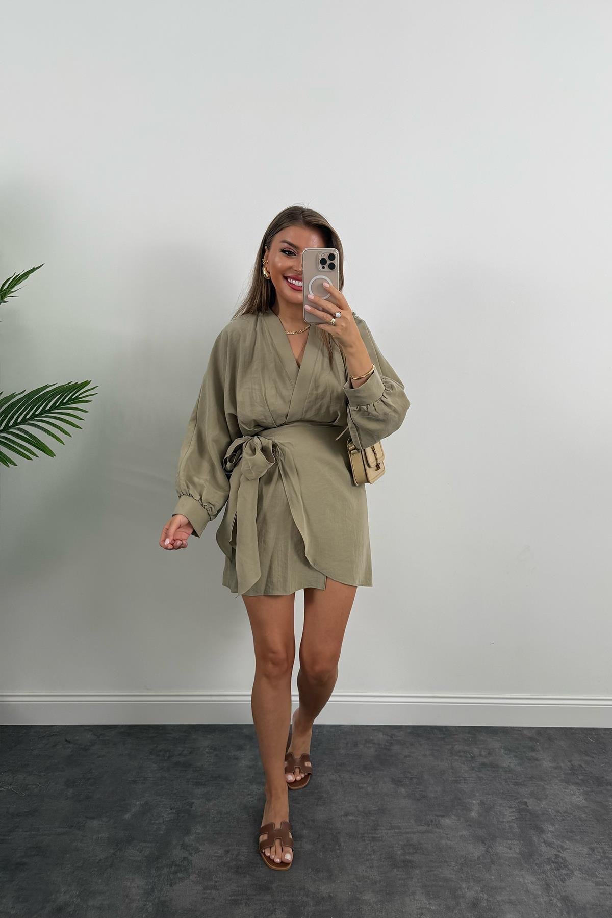 %100 Tensel Balon Kol Lüx Kalite Anvelop Elbise Haki