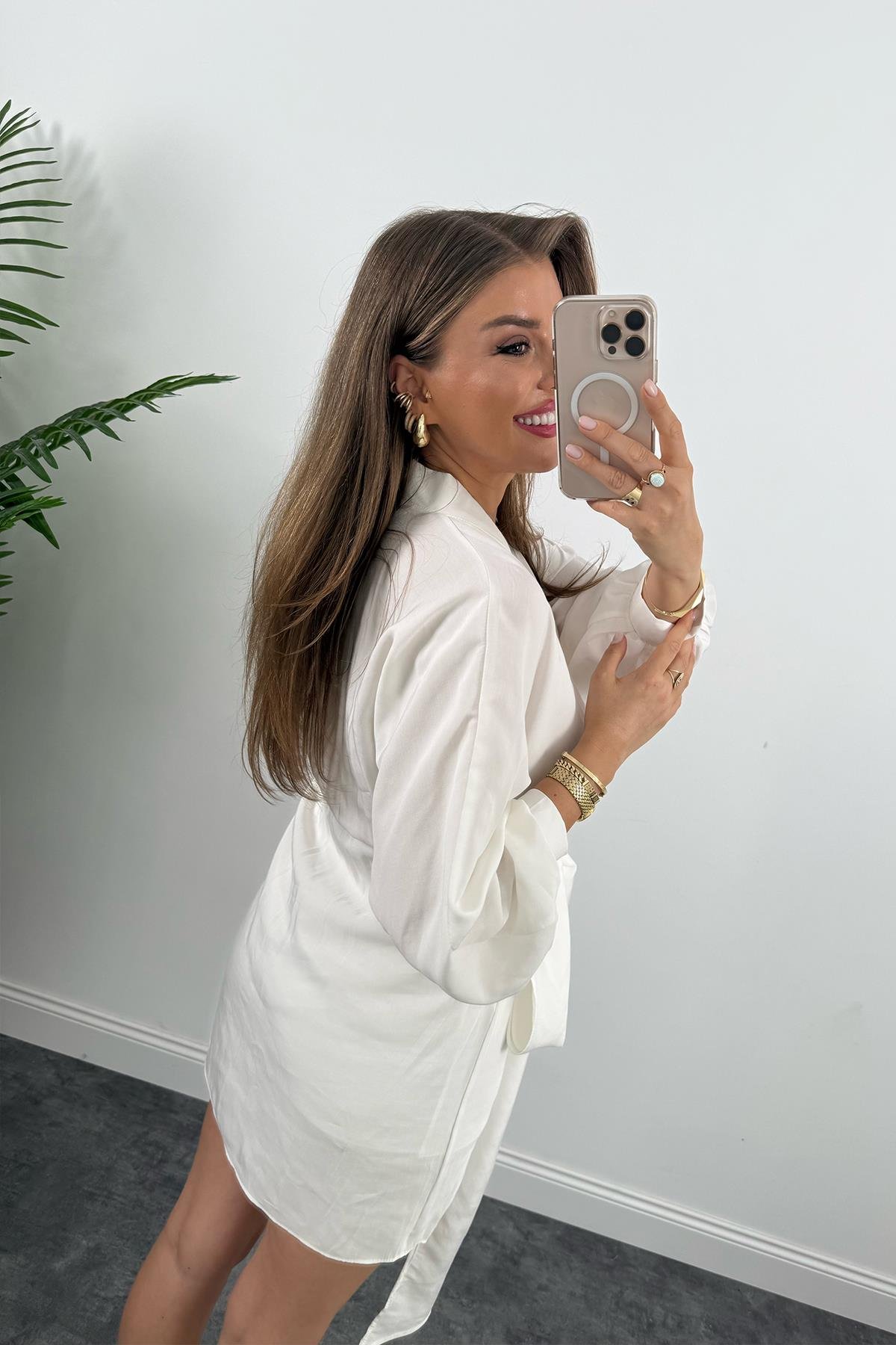 %100 Tensel Balon Kol Lüx Kalite Anvelop Elbise Ekru