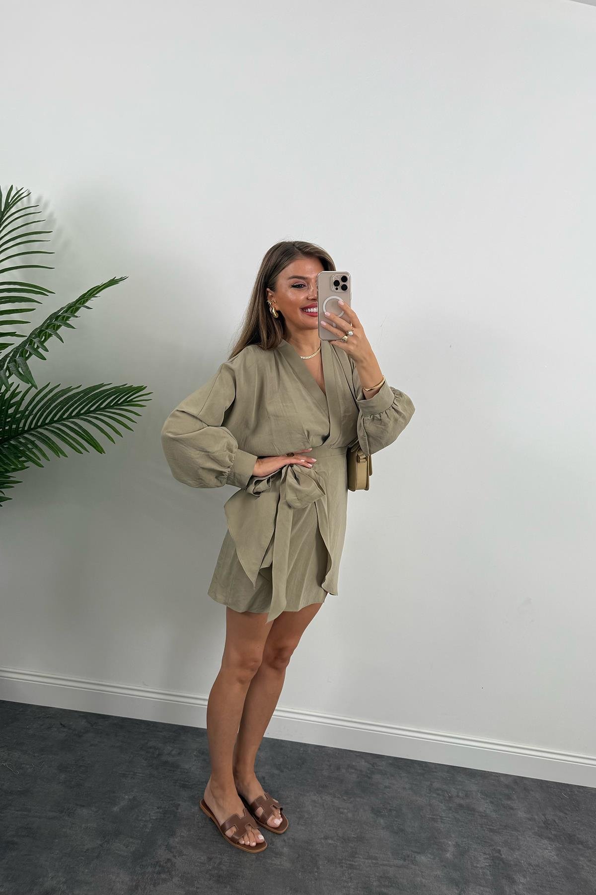 %100 Tensel Balon Kol Lüx Kalite Anvelop Elbise Haki