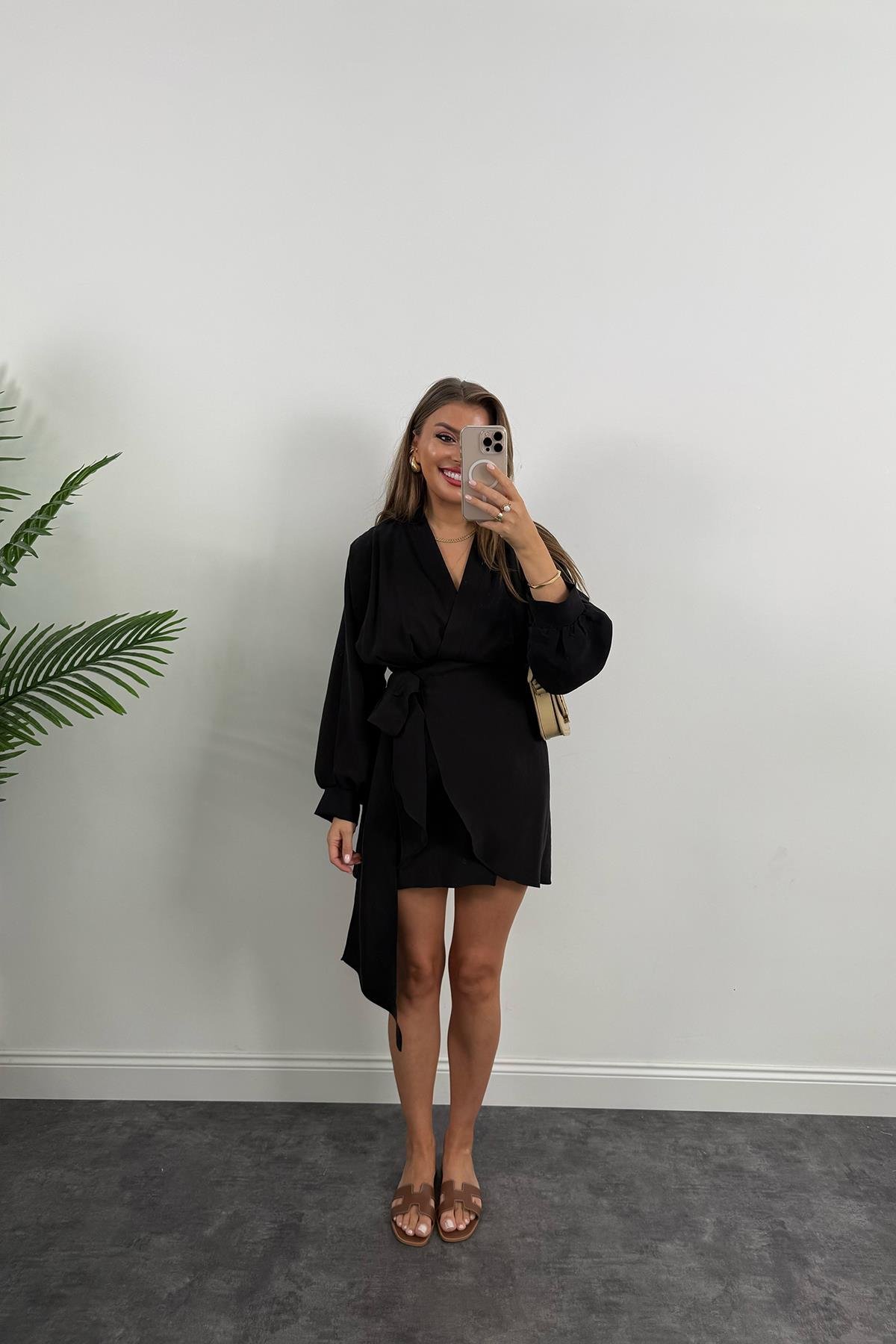 %100 Tensel Balon Kol Lüx Kalite Anvelop Elbise Siyah