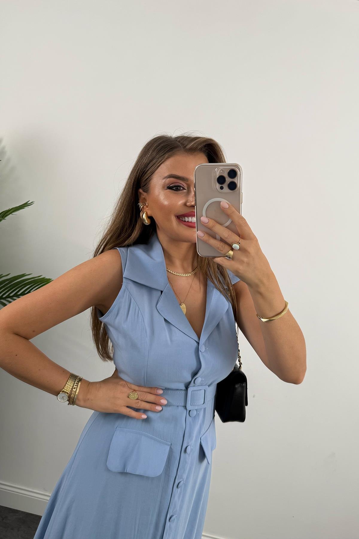 %100 Tensel Kumaş Lüx Kalite Düğmeli Kemerli Maxi Elbise Mavi